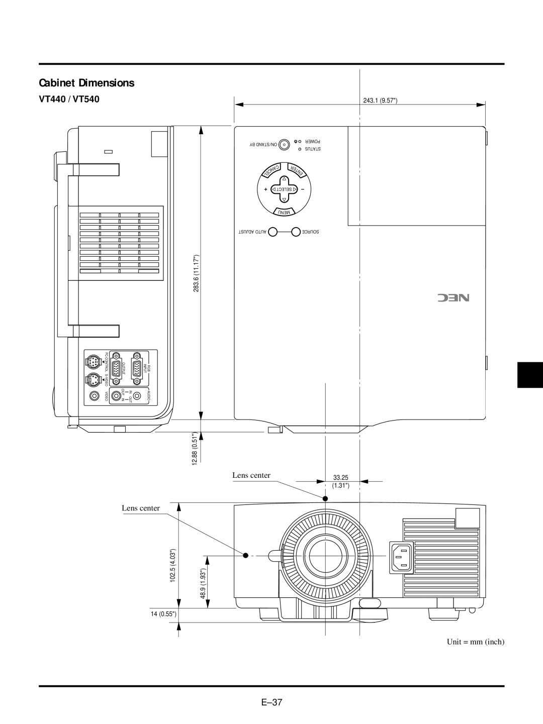 NEC user manual Cabinet Dimensions, VT440 / VT540 