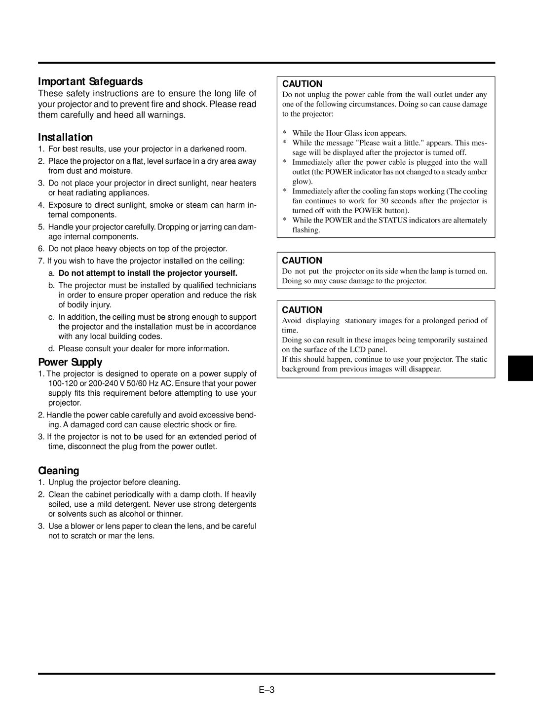 NEC VT540 Important Safeguards, Installation, Power Supply, Cleaning, Do not attempt to install the projector yourself 