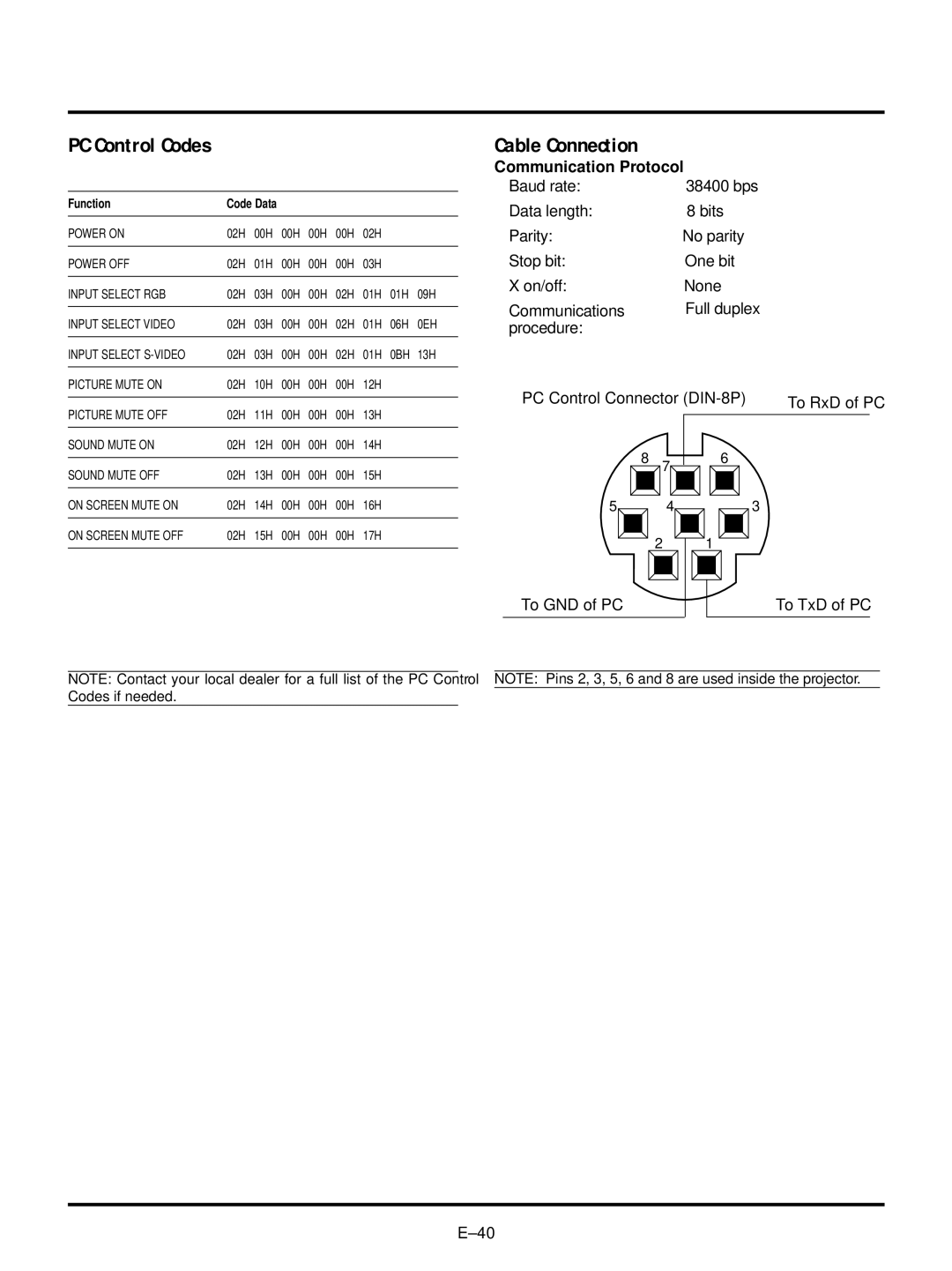 NEC VT440, VT540 user manual PC Control Codes, Cable Connection, Communication Protocol, PC Control Connector DIN-8P 