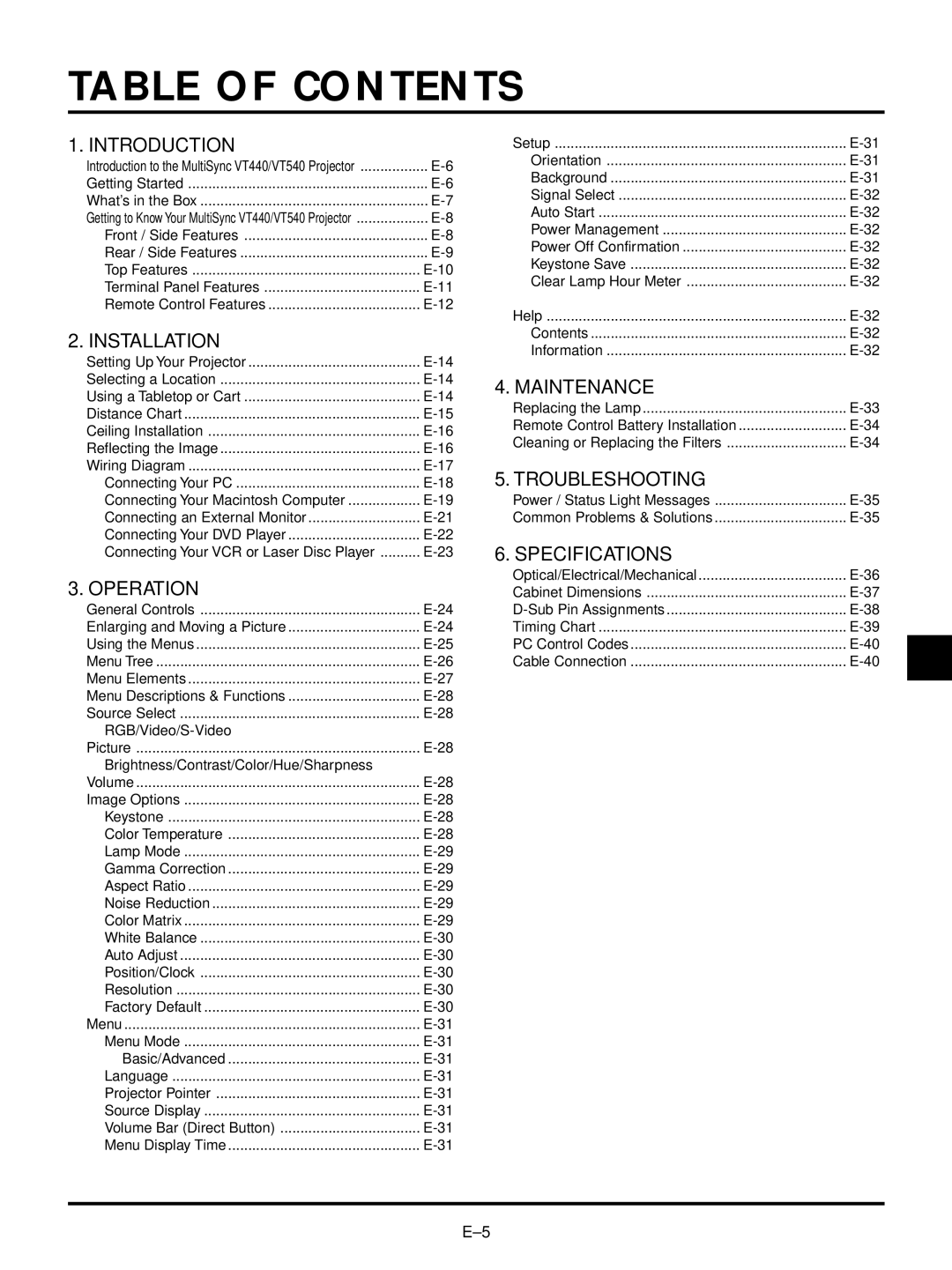 NEC VT540, VT440 user manual Table of Contents 