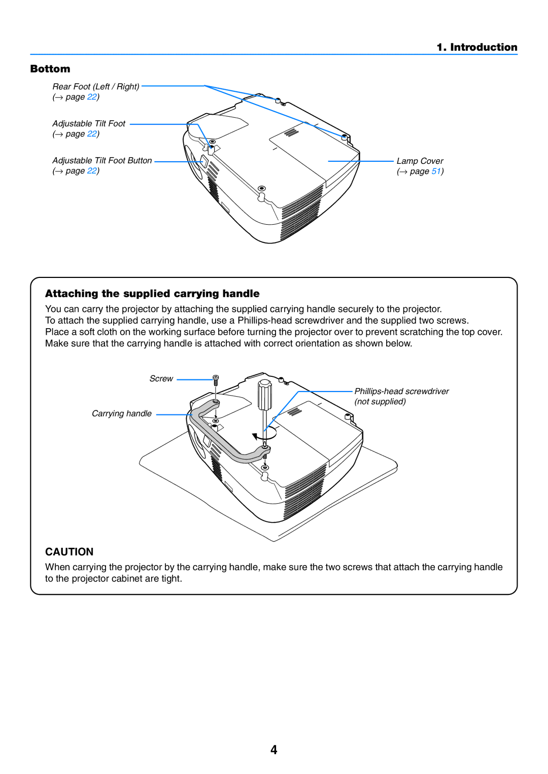 NEC VT57, VT58, VT480 manual Introduction Bottom, Attaching the supplied carrying handle 