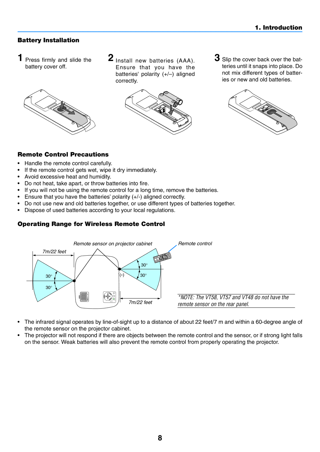 NEC VT57, VT58, VT480 manual Introduction Battery Installation, Operating Range for Wireless Remote Control 