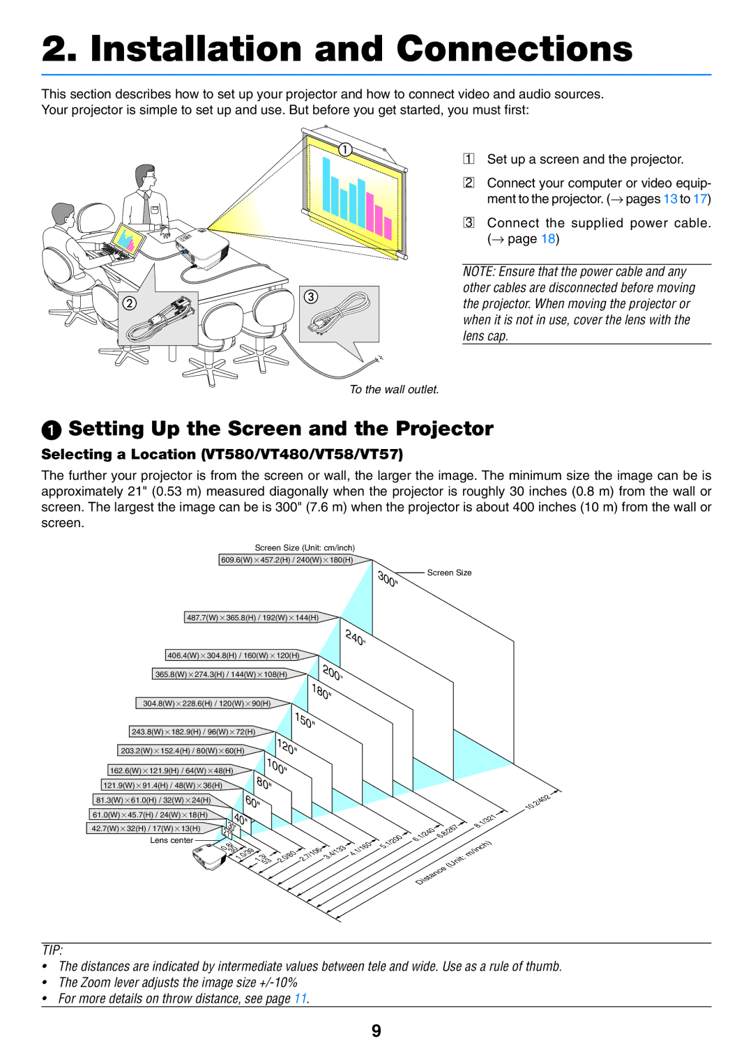 NEC manual Setting Up the Screen and the Projector, Selecting a Location VT580/VT480/VT58/VT57 