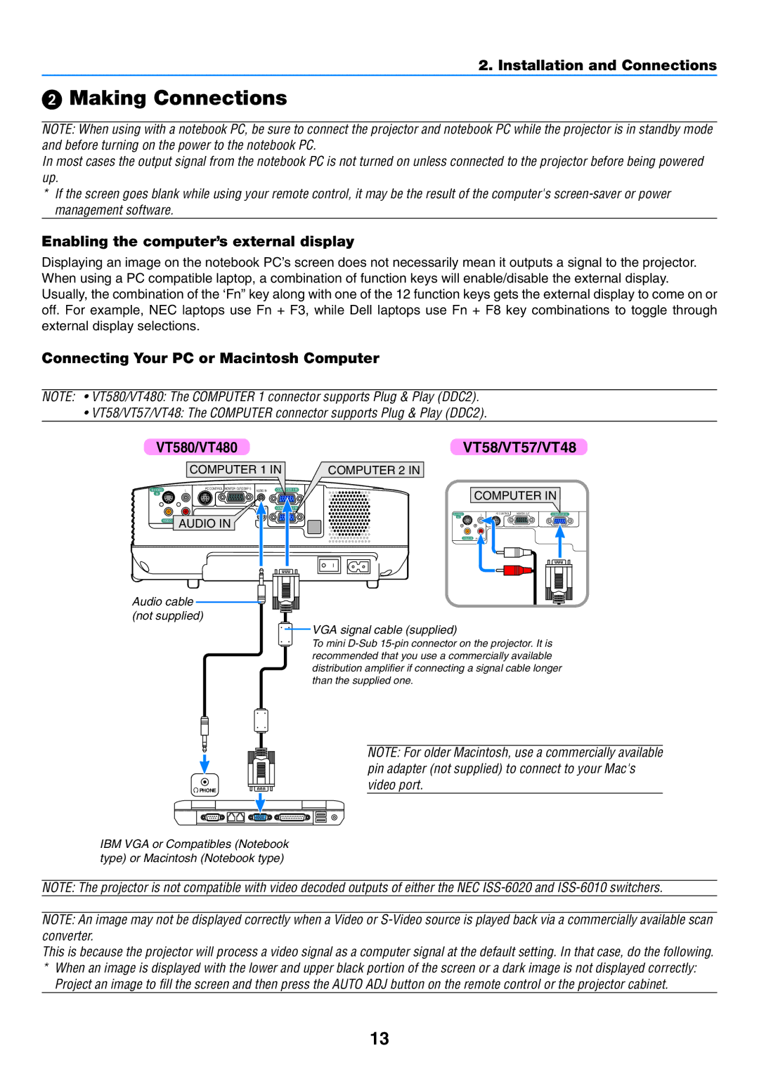 NEC VT58, VT57, VT48 Making Connections, Enabling the computer’s external display, Connecting Your PC or Macintosh Computer 