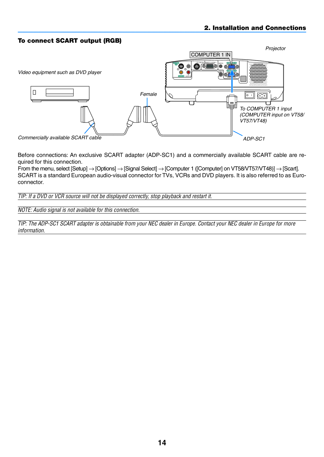 NEC VT480, VT57, VT58 manual Installation and Connections To connect Scart output RGB 