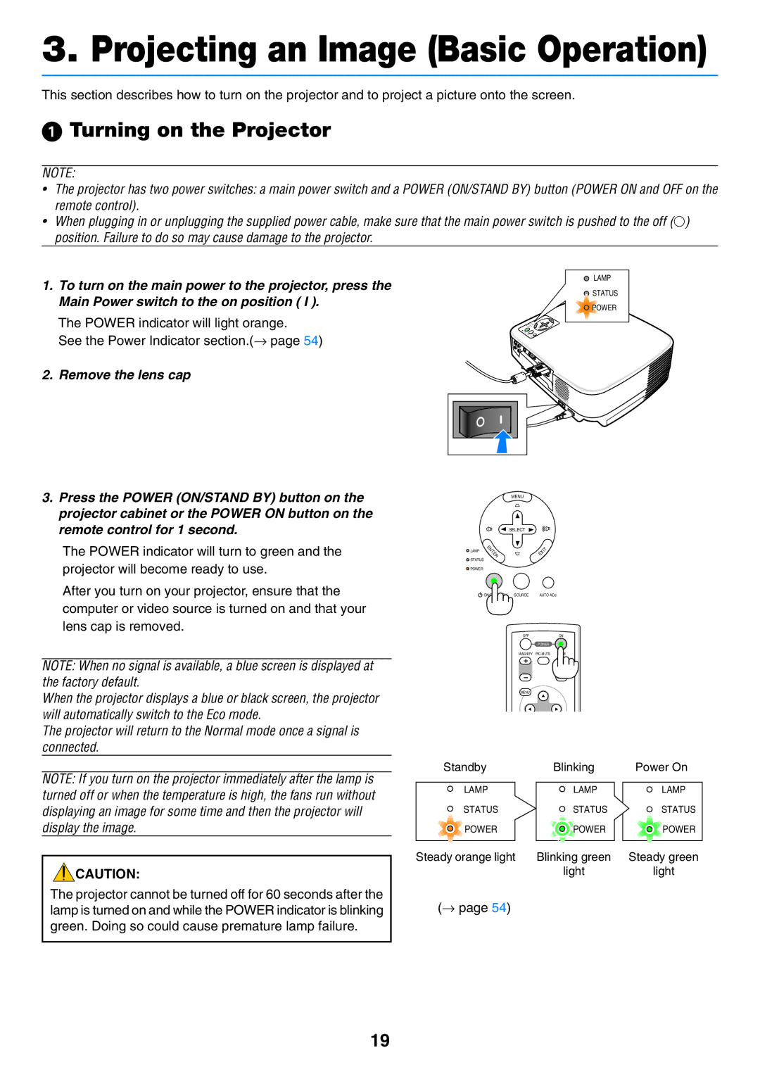 NEC VT57, VT58, VT480 manual Projecting an Image Basic Operation, Turning on the Projector 