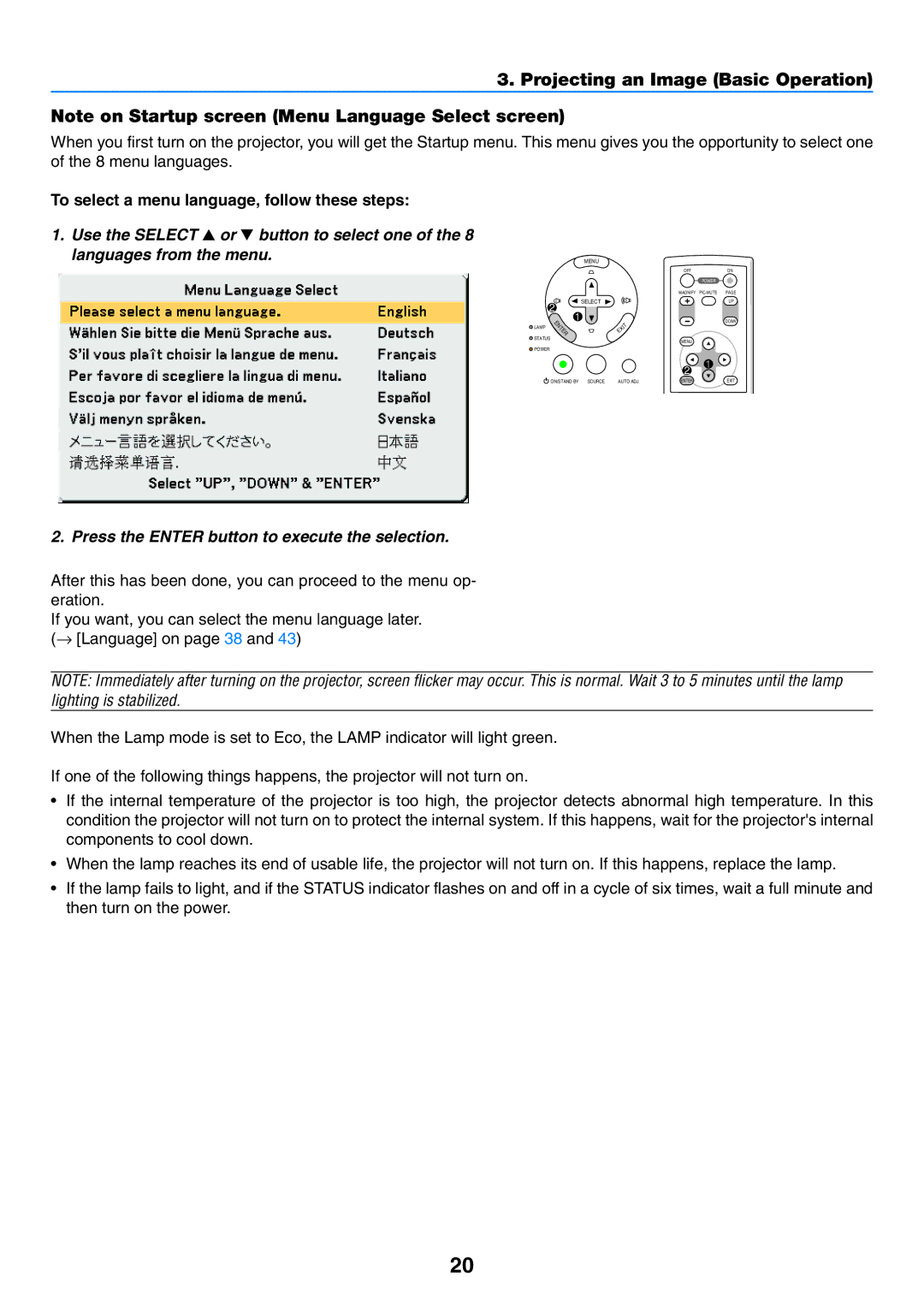 NEC VT57, VT58, VT480 manual Projecting an Image Basic Operation, Press the Enter button to execute the selection 