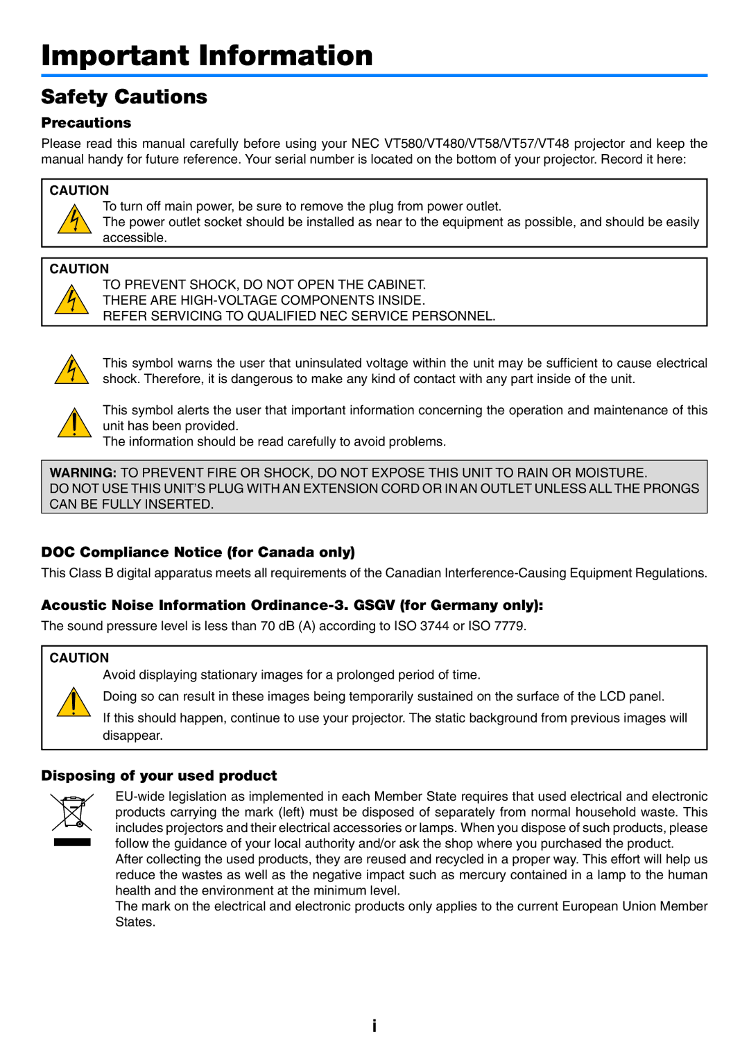 NEC VT48, VT57, VT58 Safety Cautions, Precautions, DOC Compliance Notice for Canada only, Disposing of your used product 