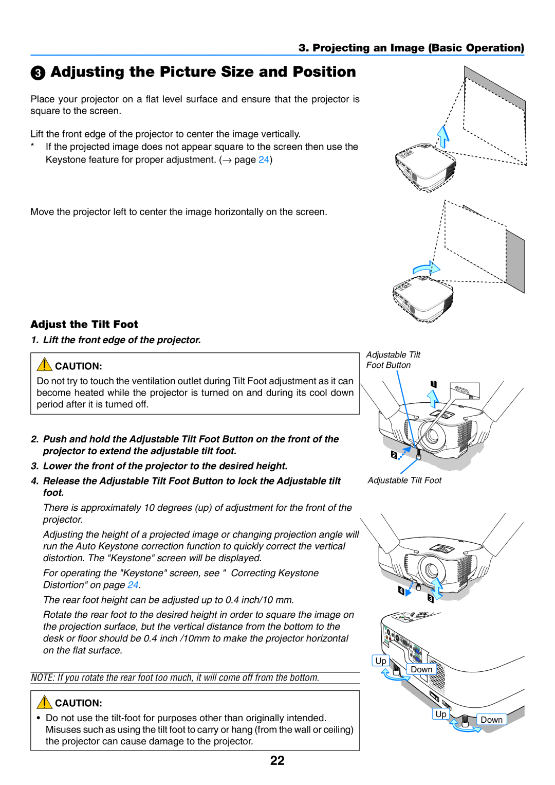 NEC VT480, VT57, VT58 Adjusting the Picture Size and Position, Adjust the Tilt Foot, Lift the front edge of the projector 