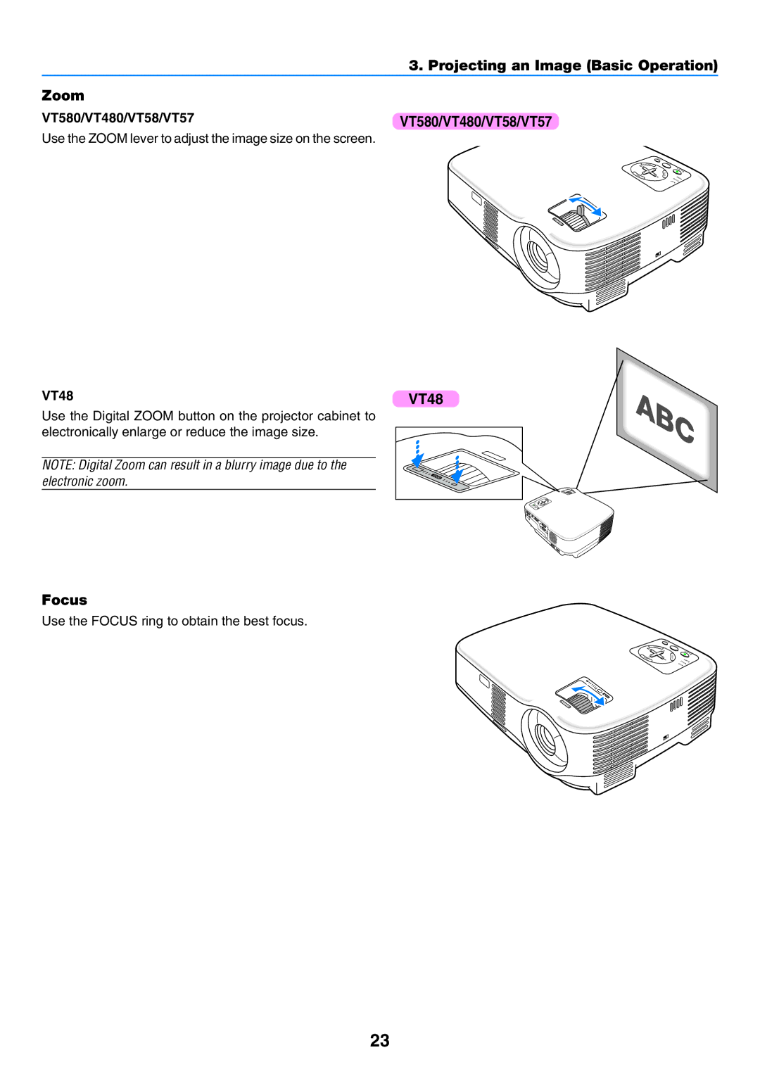 NEC VT57, VT58, VT480 manual Projecting an Image Basic Operation Zoom, Focus 