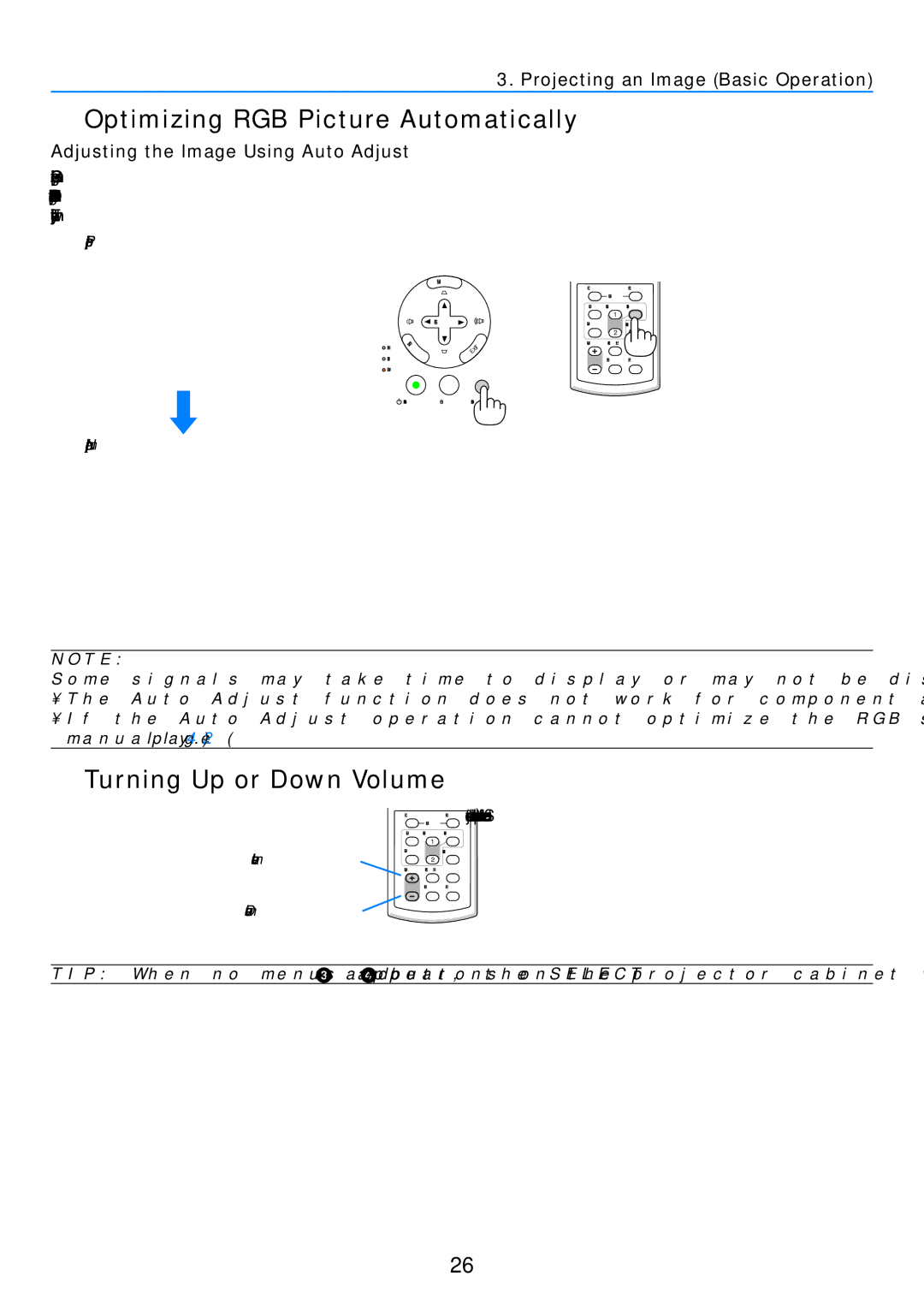 NEC VT480, VT57 Optimizing RGB Picture Automatically, Turning Up or Down Volume, Adjusting the Image Using Auto Adjust 