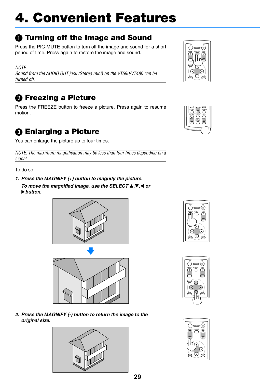 NEC VT58, VT57, VT480 manual Turning off the Image and Sound, Freezing a Picture, Enlarging a Picture 