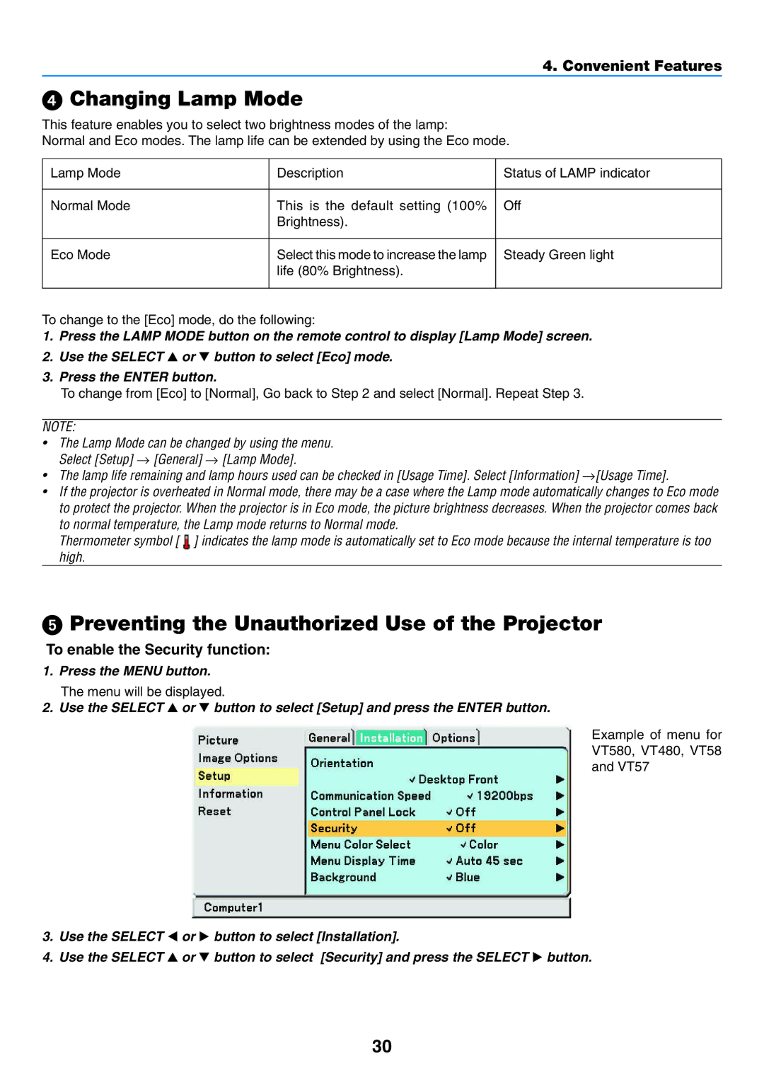 NEC VT480, VT57, VT58 manual Changing Lamp Mode, Preventing the Unauthorized Use of the Projector, Convenient Features 