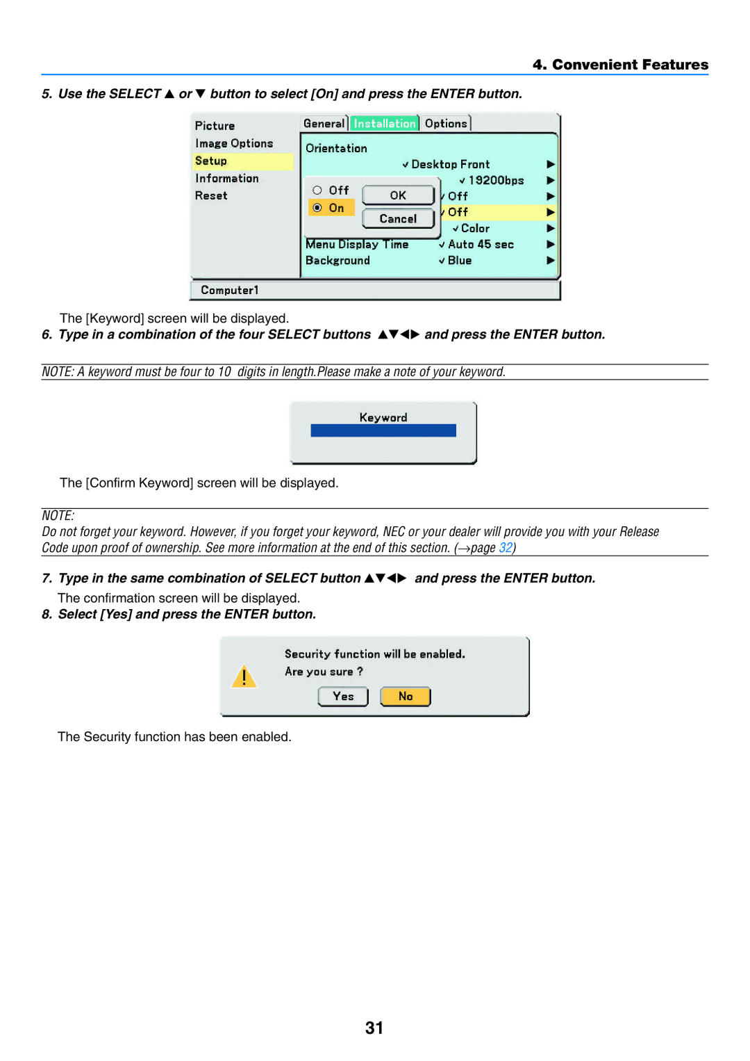 NEC VT57, VT58, VT480 manual Select Yes and press the Enter button 