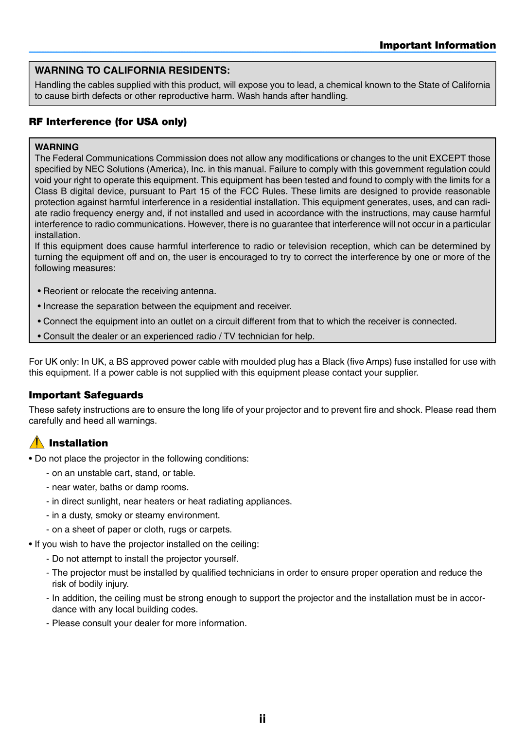 NEC VT57, VT58, VT480 manual Important Information, RF Interference for USA only, Important Safeguards, Installation 