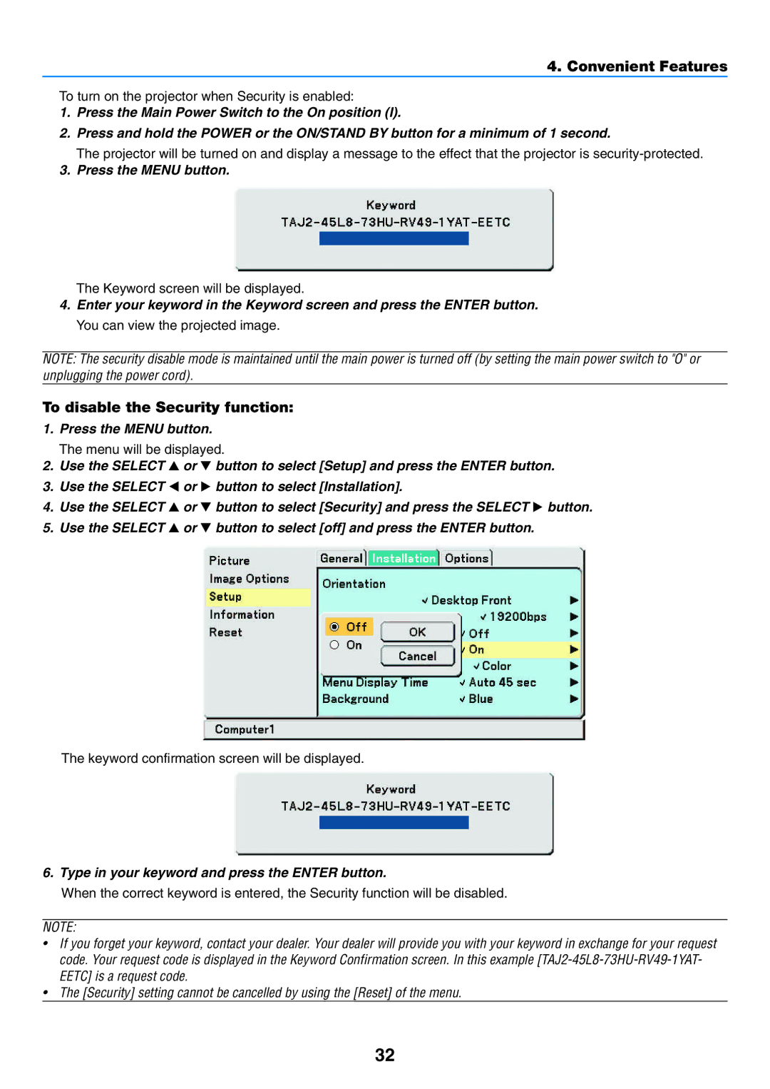 NEC VT57, VT58, VT480 manual To disable the Security function, Type in your keyword and press the Enter button 