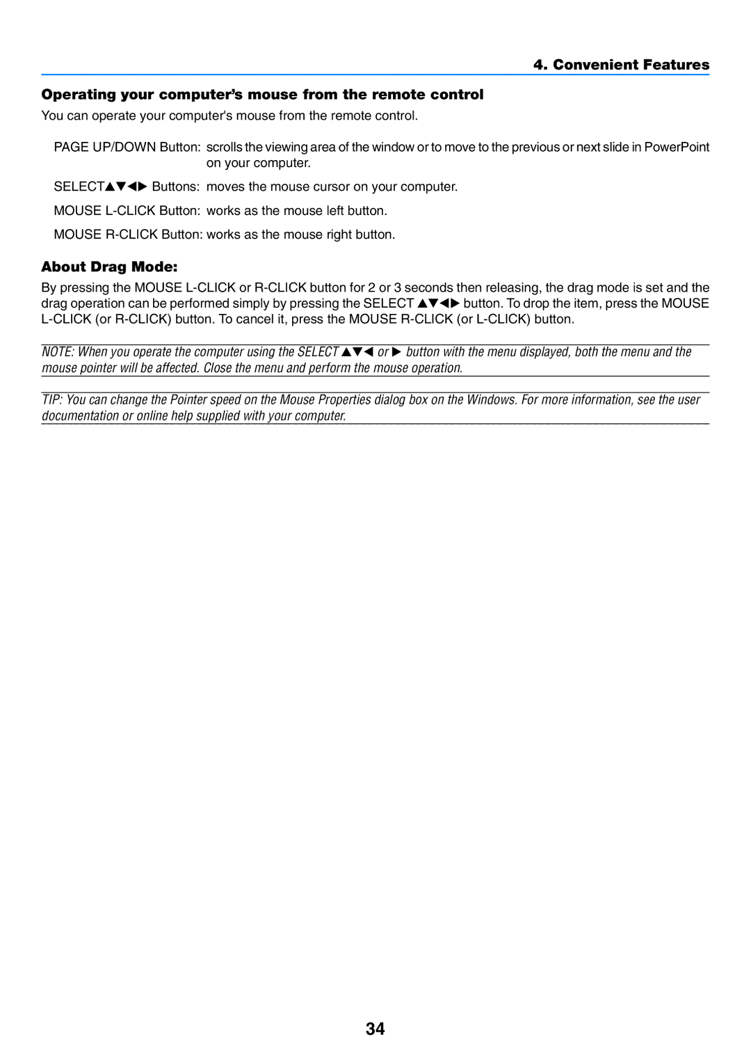 NEC VT480, VT57, VT58 manual About Drag Mode, Select 