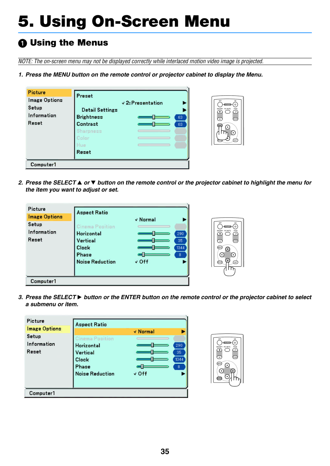 NEC VT57, VT58, VT480 manual Using On-Screen Menu, Using the Menus 