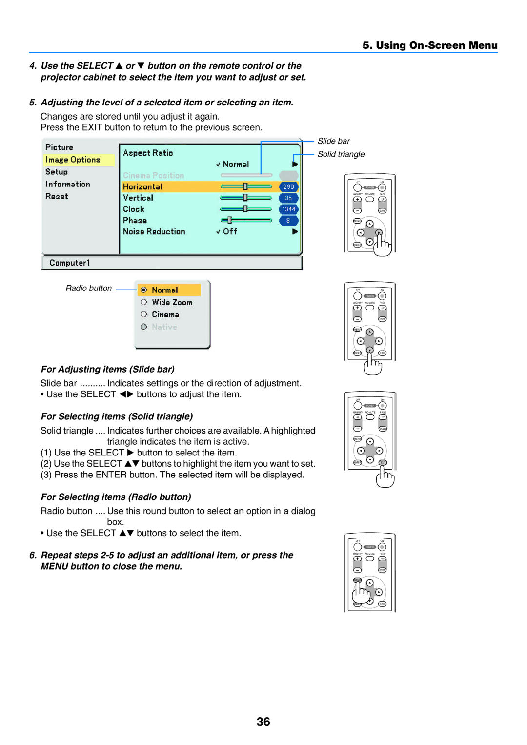 NEC VT57, VT58, VT480 manual Using On-Screen Menu, For Adjusting items Slide bar, For Selecting items Solid triangle 