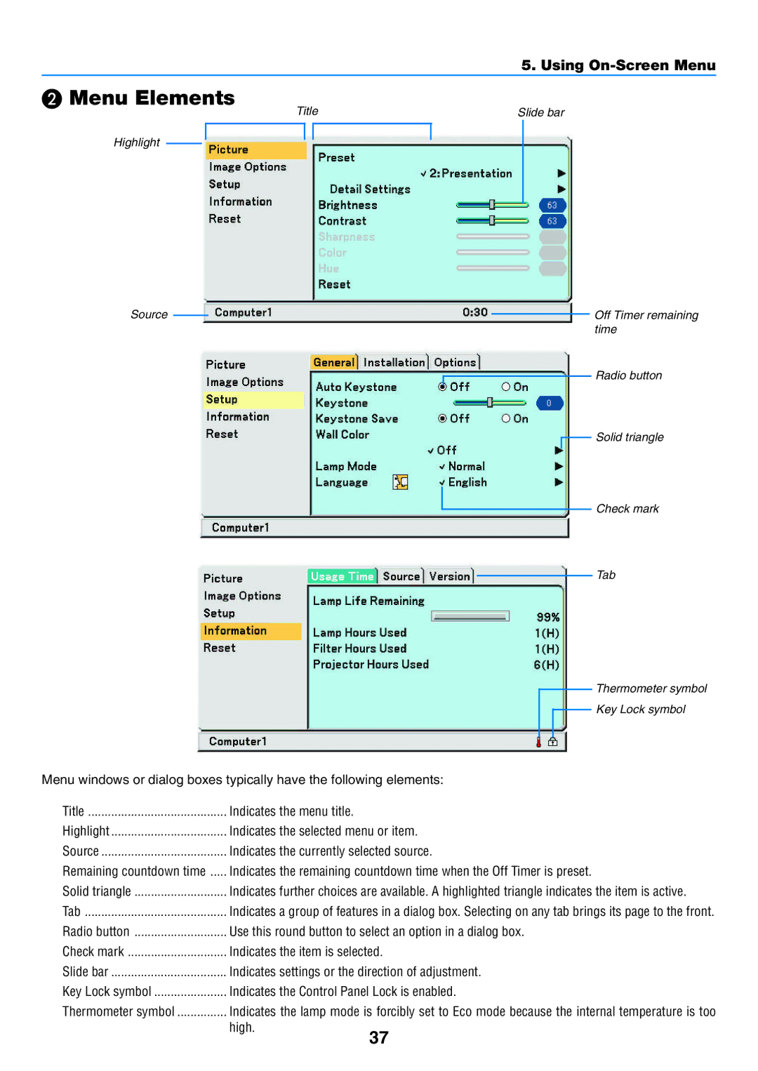 NEC VT58, VT57, VT480 manual Menu Elements, Indicates the Control Panel Lock is enabled 