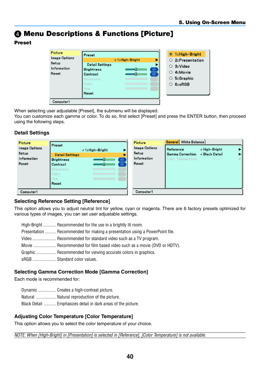 NEC VT57, VT58, VT480 Menu Descriptions & Functions Picture, Preset, Detail Settings Selecting Reference Setting Reference 