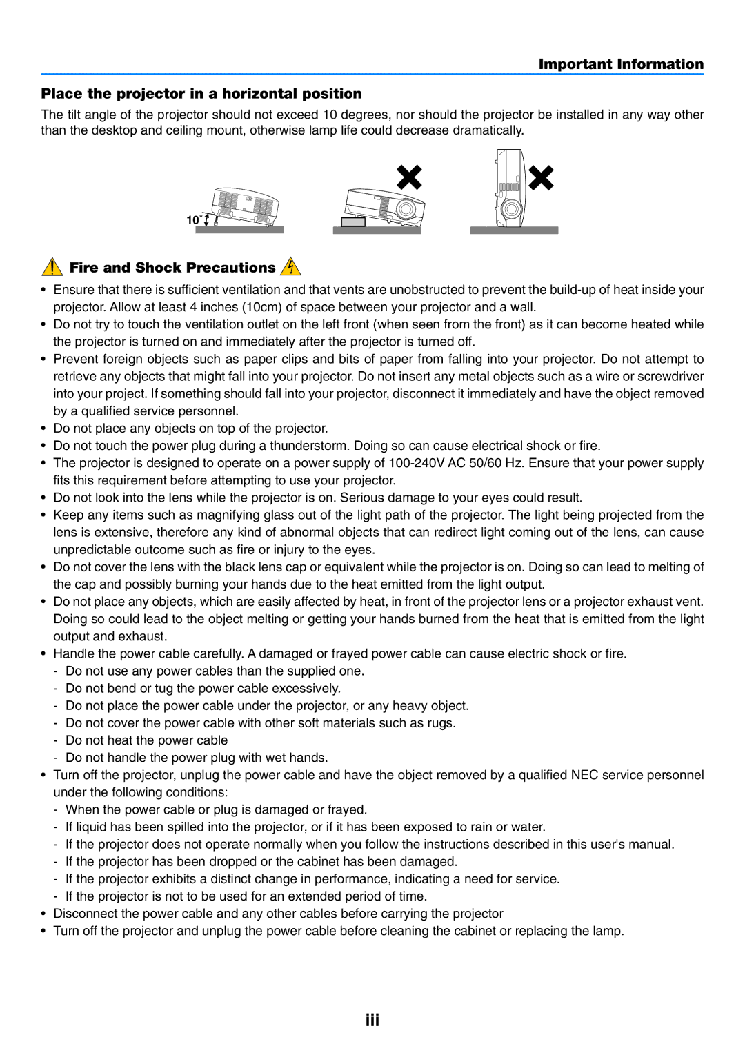 NEC VT58, VT57, VT480 manual Iii, Fire and Shock Precautions 