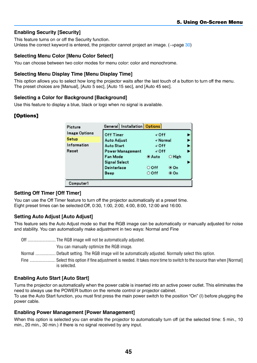 NEC VT58, VT57, VT480 manual Selecting Menu Color Menu Color Select, Selecting Menu Display Time Menu Display Time 