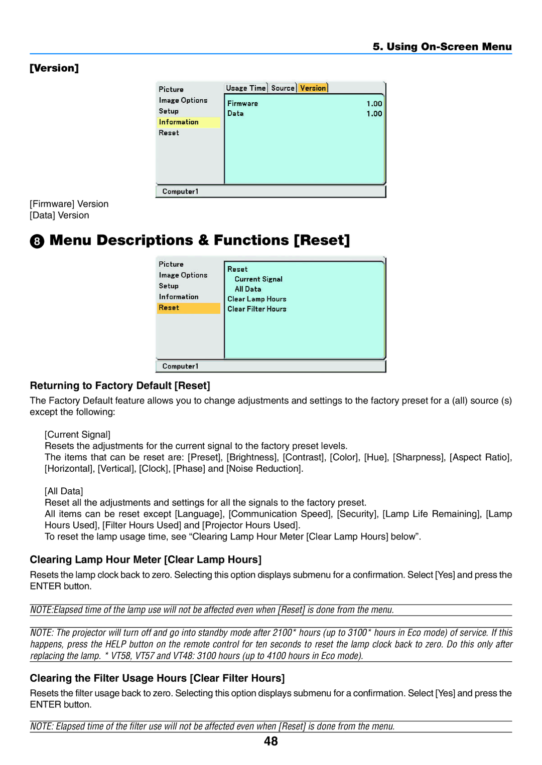 NEC VT57, VT58, VT480 Menu Descriptions & Functions Reset, Using On-Screen Menu Version, Returning to Factory Default Reset 