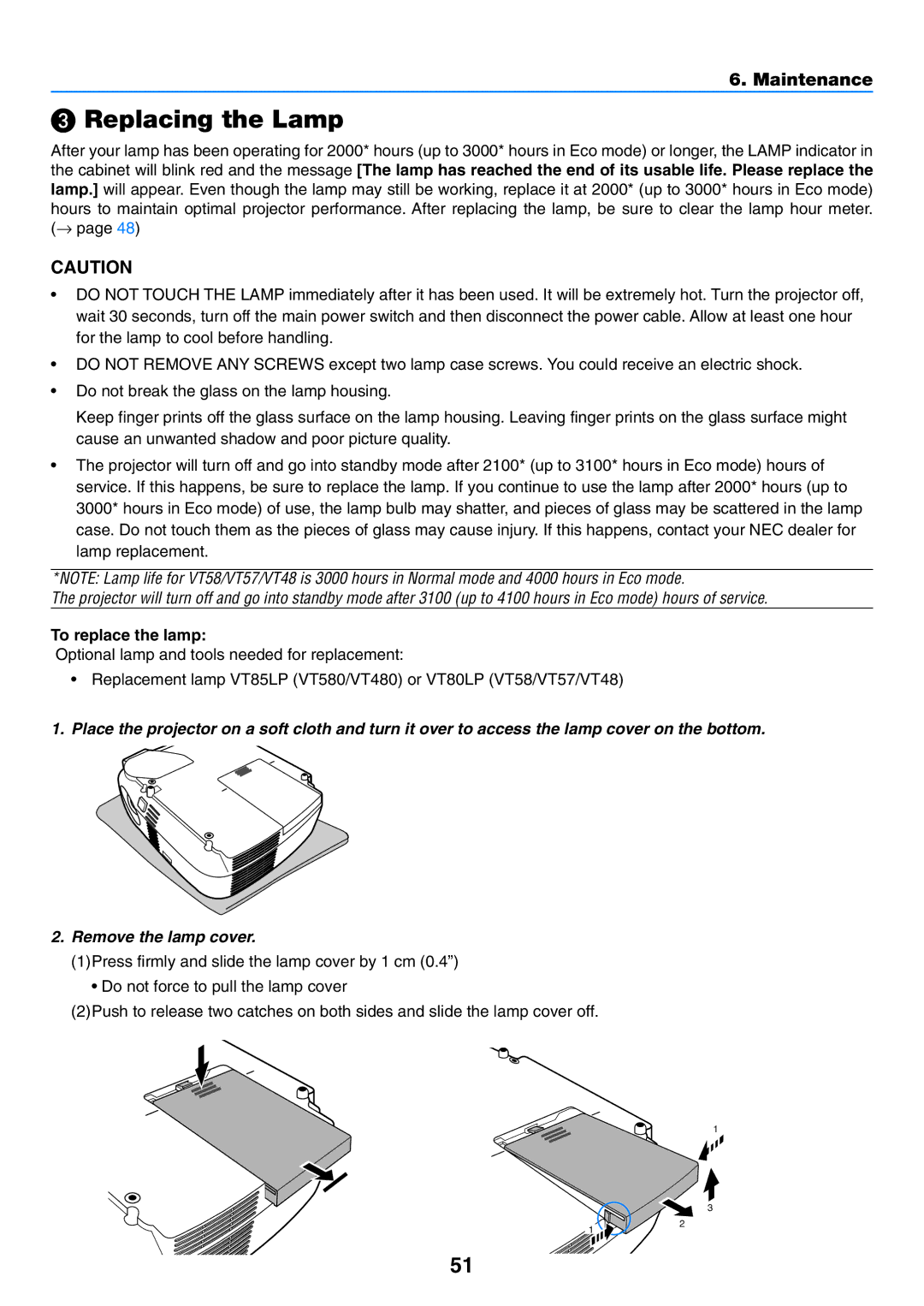 NEC VT57, VT58, VT480 manual Replacing the Lamp, To replace the lamp 