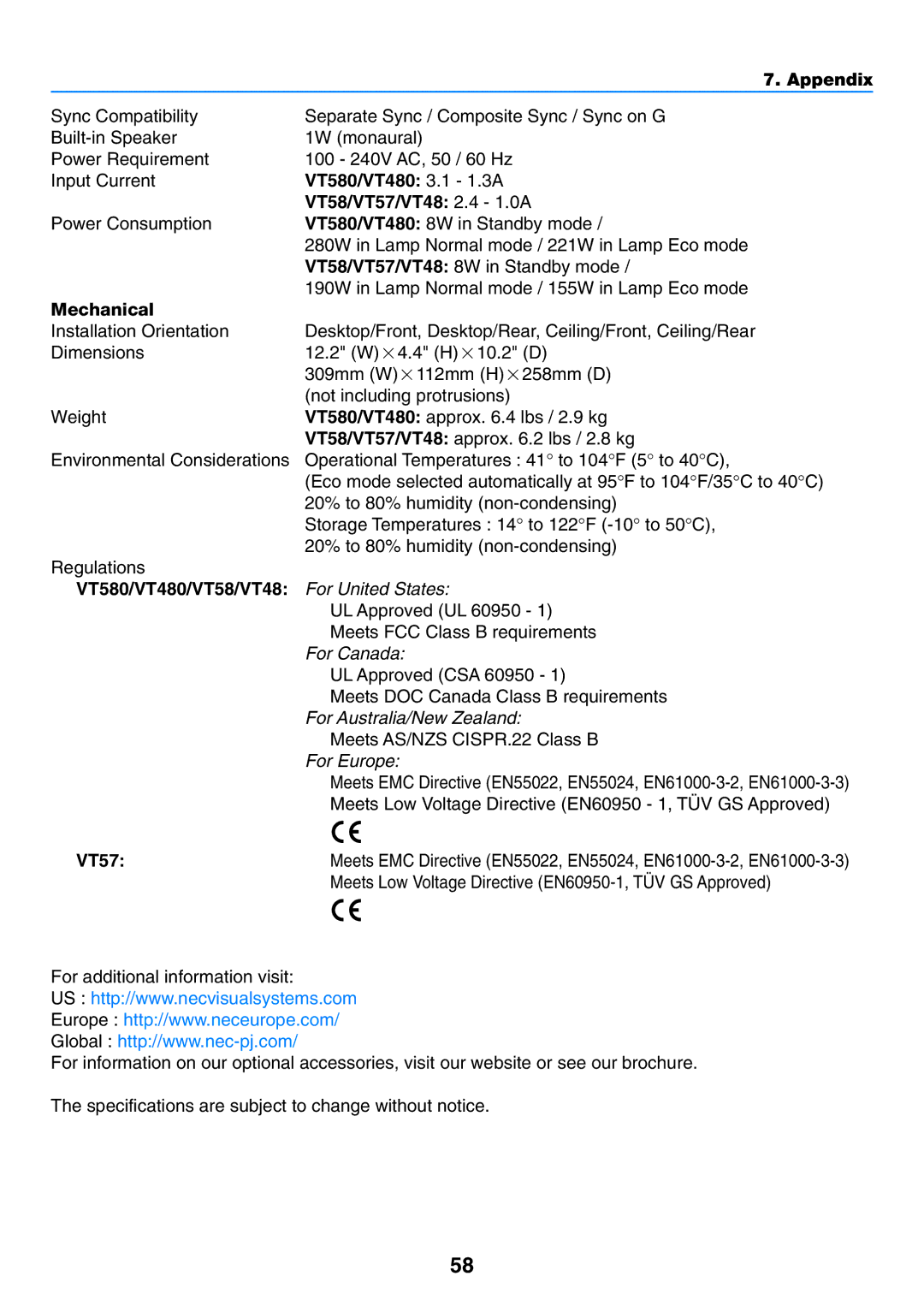 NEC manual VT580/VT480 3.1 1.3A, VT58/VT57/VT48 2.4 1.0A, Mechanical, VT580/VT480/VT58/VT48 