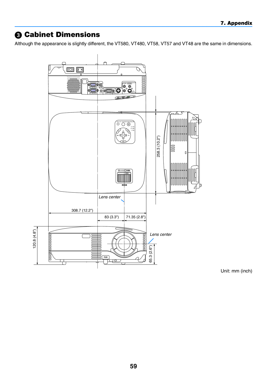 NEC VT57, VT58, VT480 manual Cabinet Dimensions, 120.8 