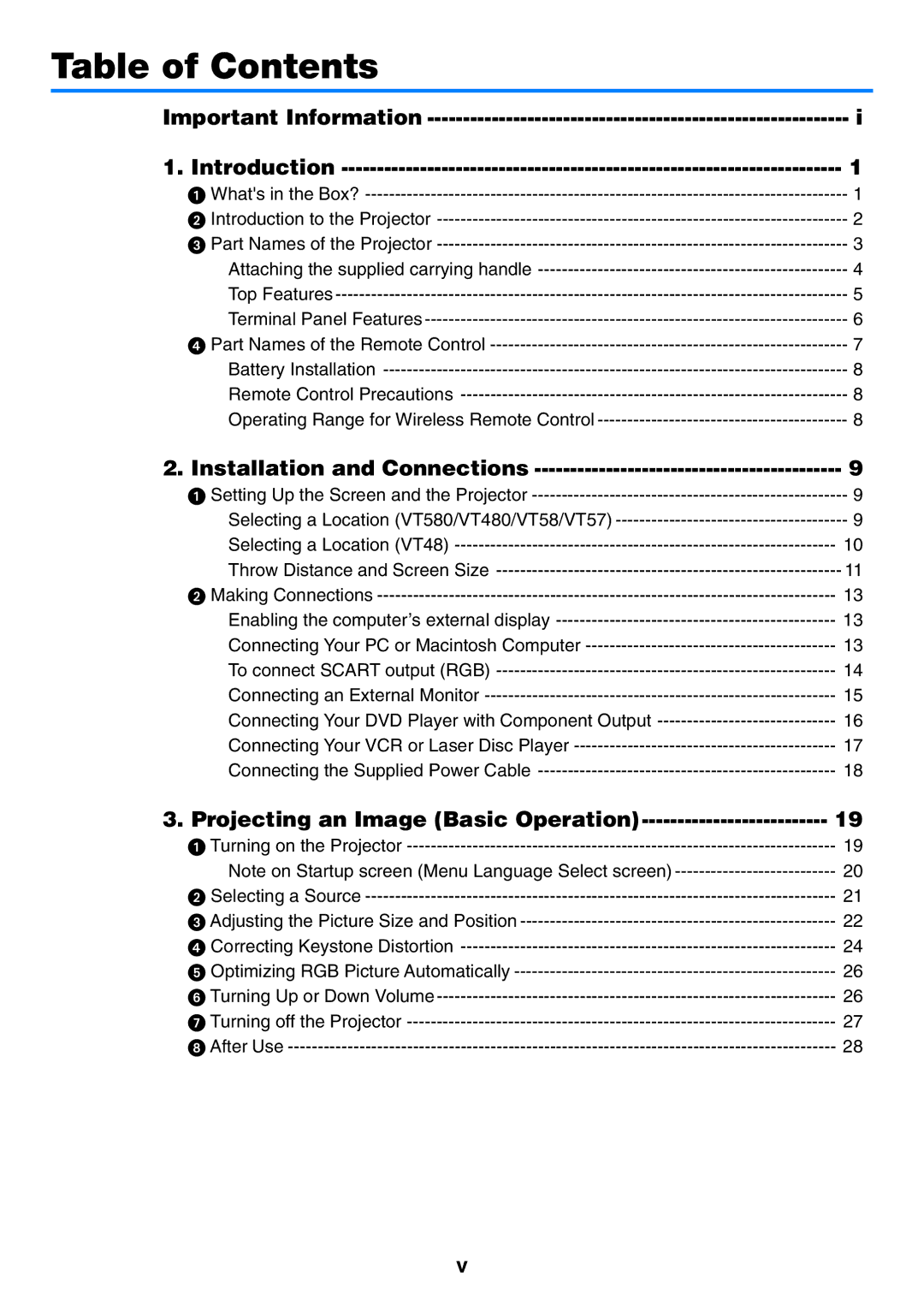 NEC VT57, VT58, VT480 manual Table of Contents 