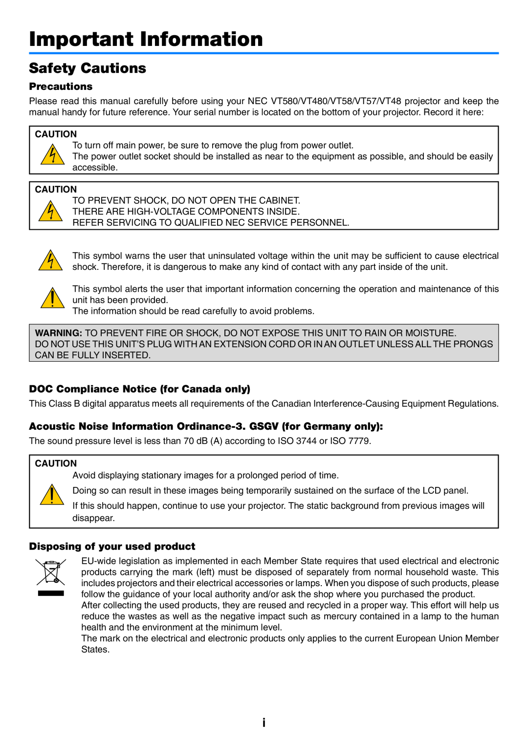NEC VT57, VT58, VT480 manual Important Information, Safety Cautions, Precautions, DOC Compliance Notice for Canada only 