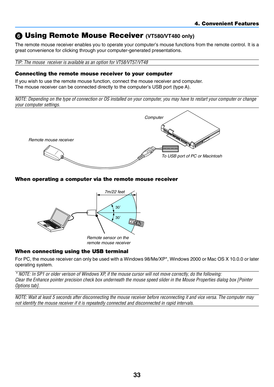 NEC VT57 manual Using Remote Mouse Receiver VT580/VT480 only, Connecting the remote mouse receiver to your computer 