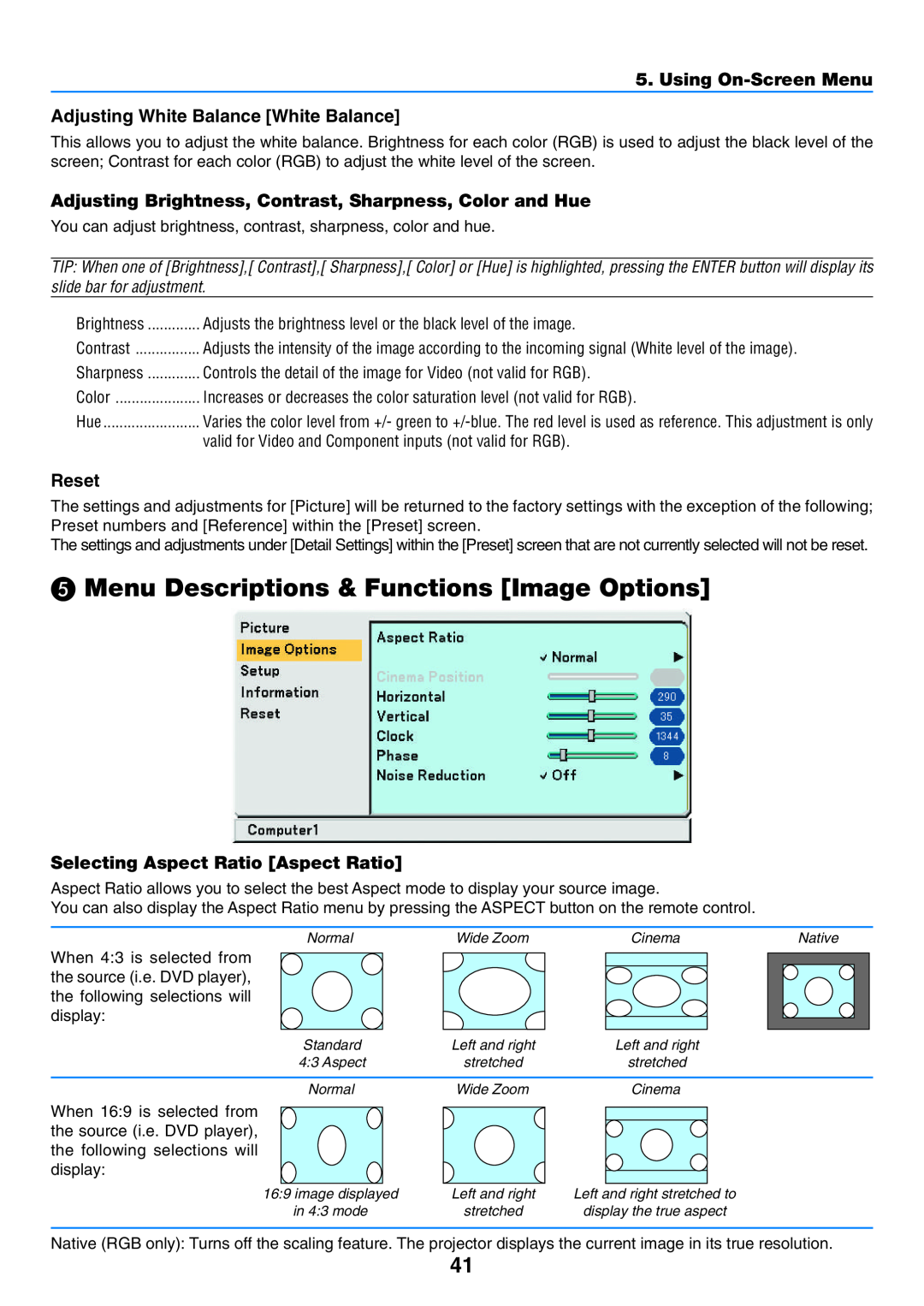 NEC VT58 Menu Descriptions & Functions Image Options, Adjusting White Balance White Balance, Reset, Using On-Screen Menu 