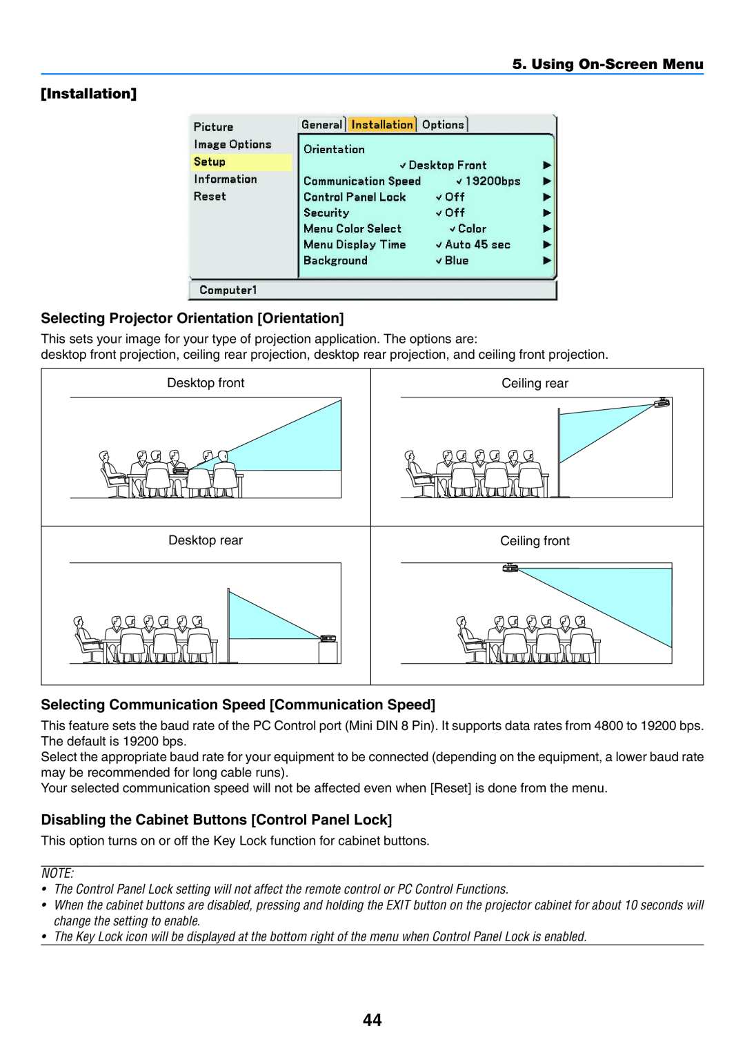 NEC VT57, VT58, VT480 manual Using On-Screen Menu Installation, Selecting Projector Orientation Orientation 
