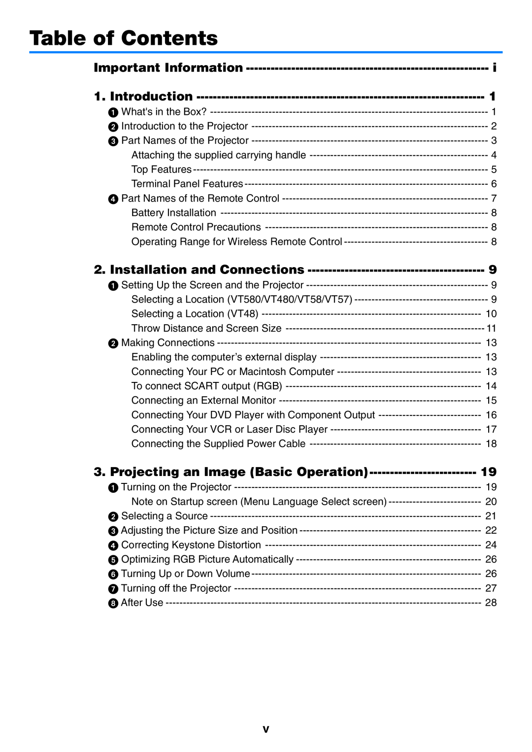 NEC VT57, VT58, VT480 manual Table of Contents, Important Information, Introduction, Installation and Connections 