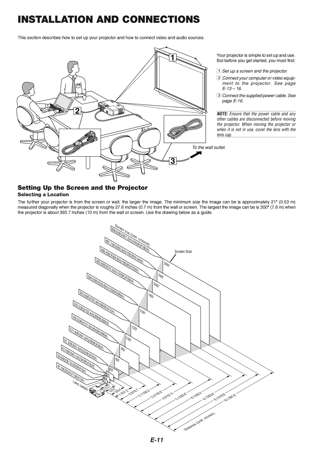 NEC VT460K, VT660K, VT560 manual Installation and Connections, Setting Up the Screen and the Projector, Selecting a Location 