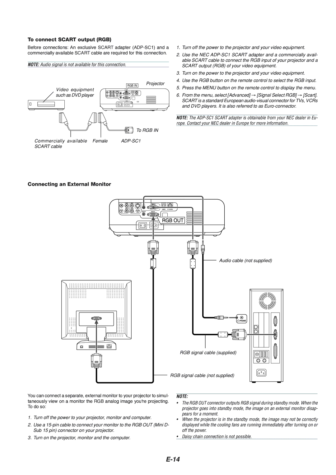 NEC VT460K, VT660K, VT560 manual To connect Scart output RGB, Connecting an External Monitor 