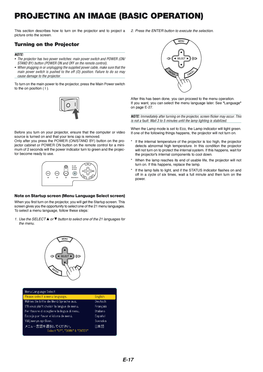 NEC VT460K, VT660K, VT560 manual Projecting AN Image Basic Operation, Turning on the Projector 