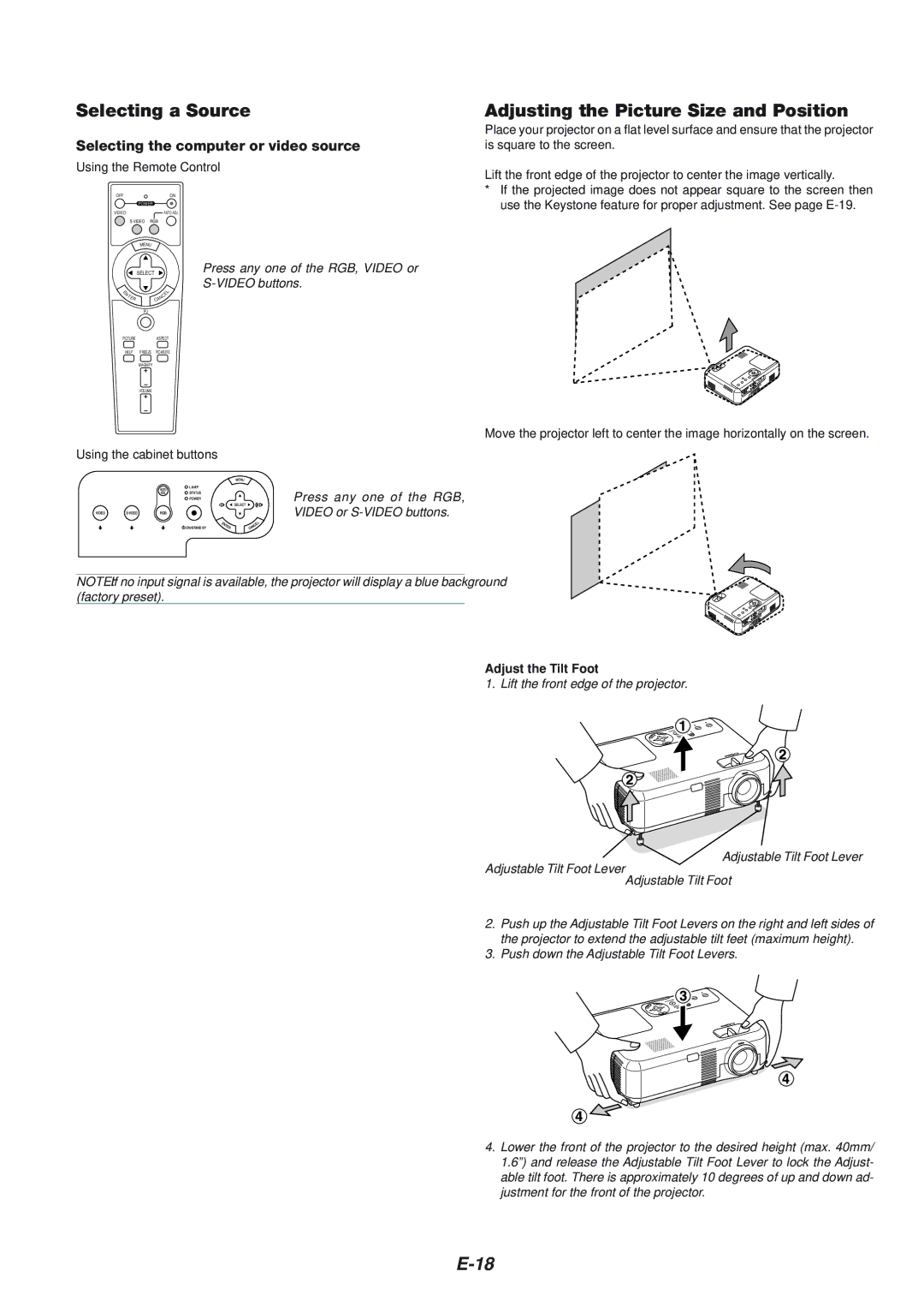 NEC VT660K, VT560 manual Selecting a Source, Adjusting the Picture Size and Position, Selecting the computer or video source 