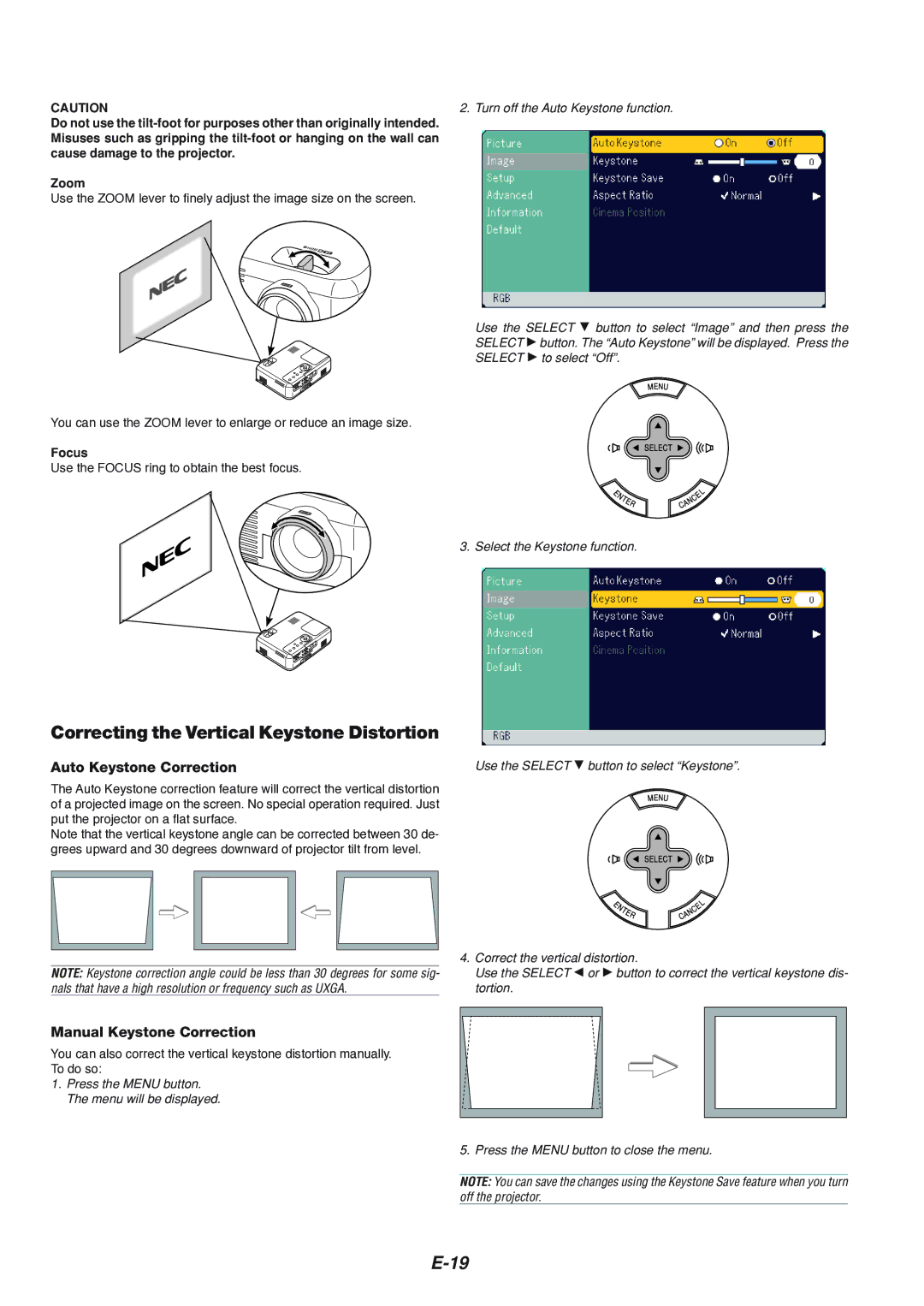 NEC VT560, VT660K Correcting the Vertical Keystone Distortion, Auto Keystone Correction, Manual Keystone Correction, Focus 