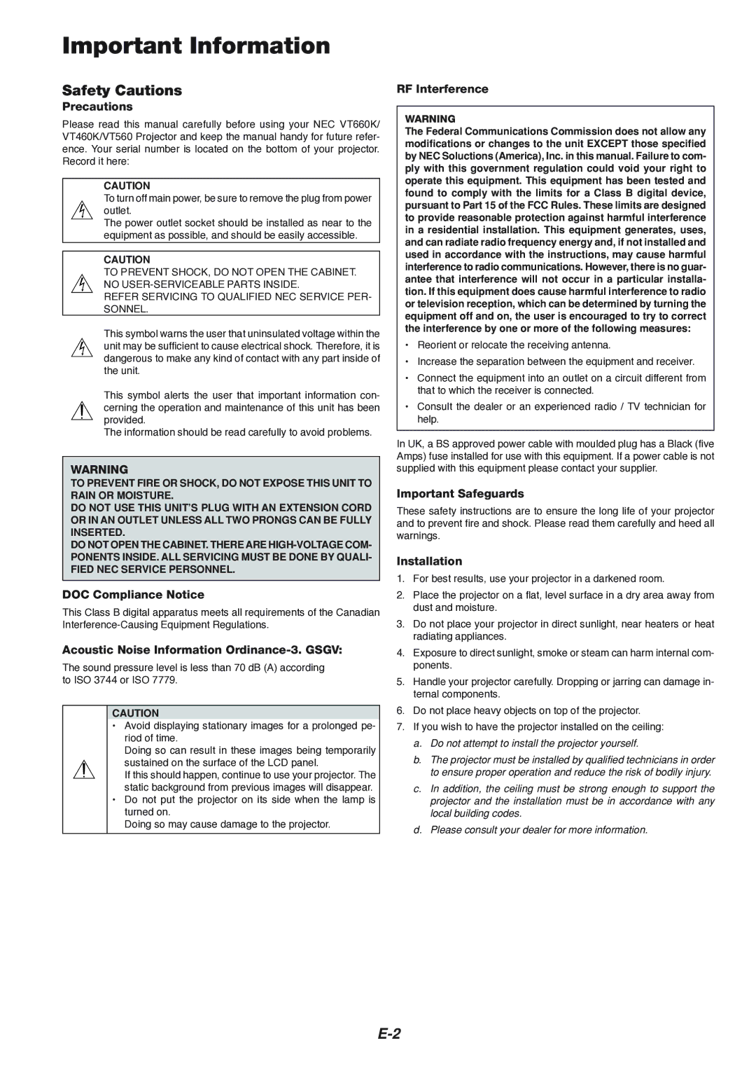 NEC VT460K, VT660K, VT560 manual Safety Cautions 