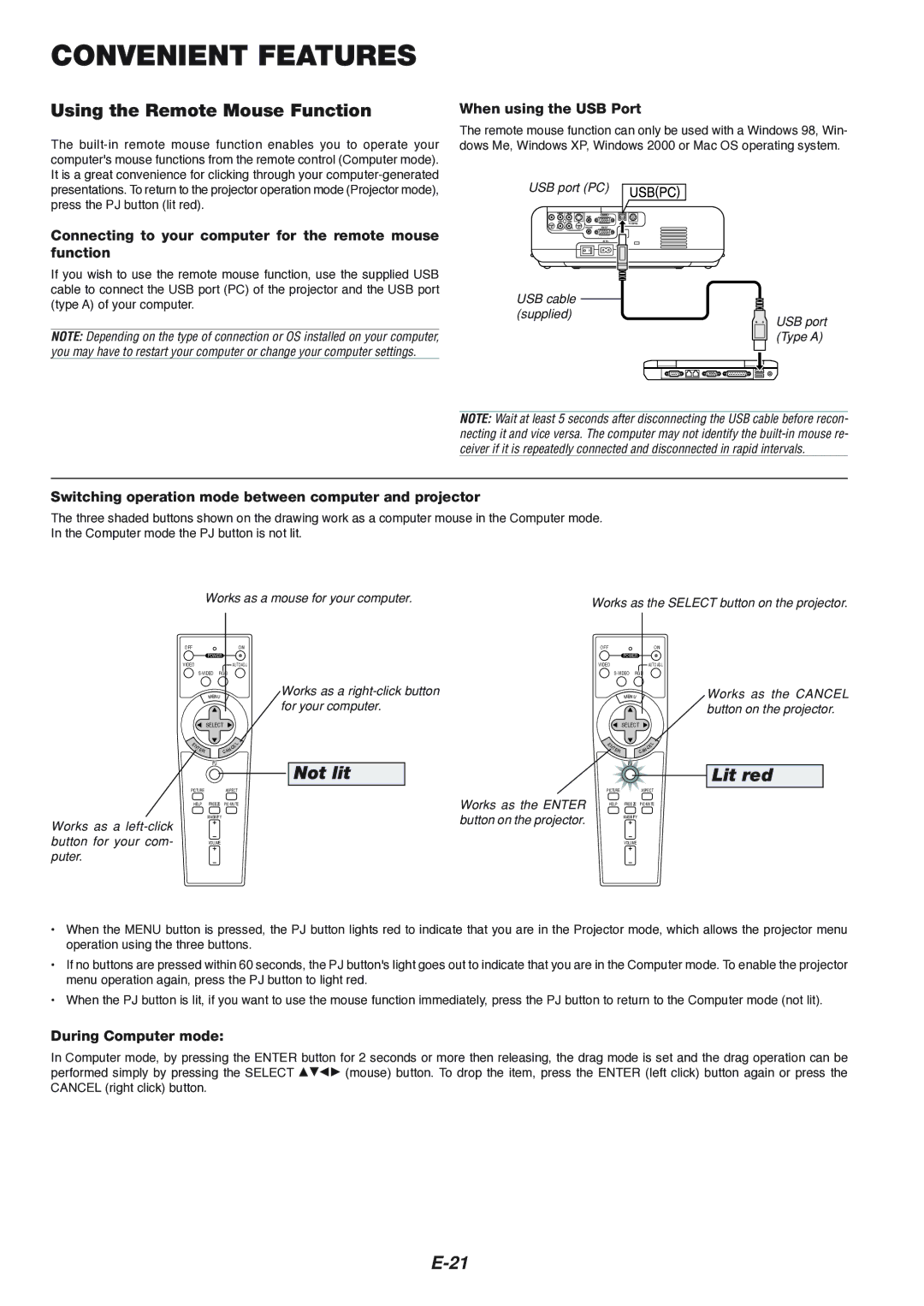 NEC VT660K, VT560, VT460K manual Convenient Features, Using the Remote Mouse Function 