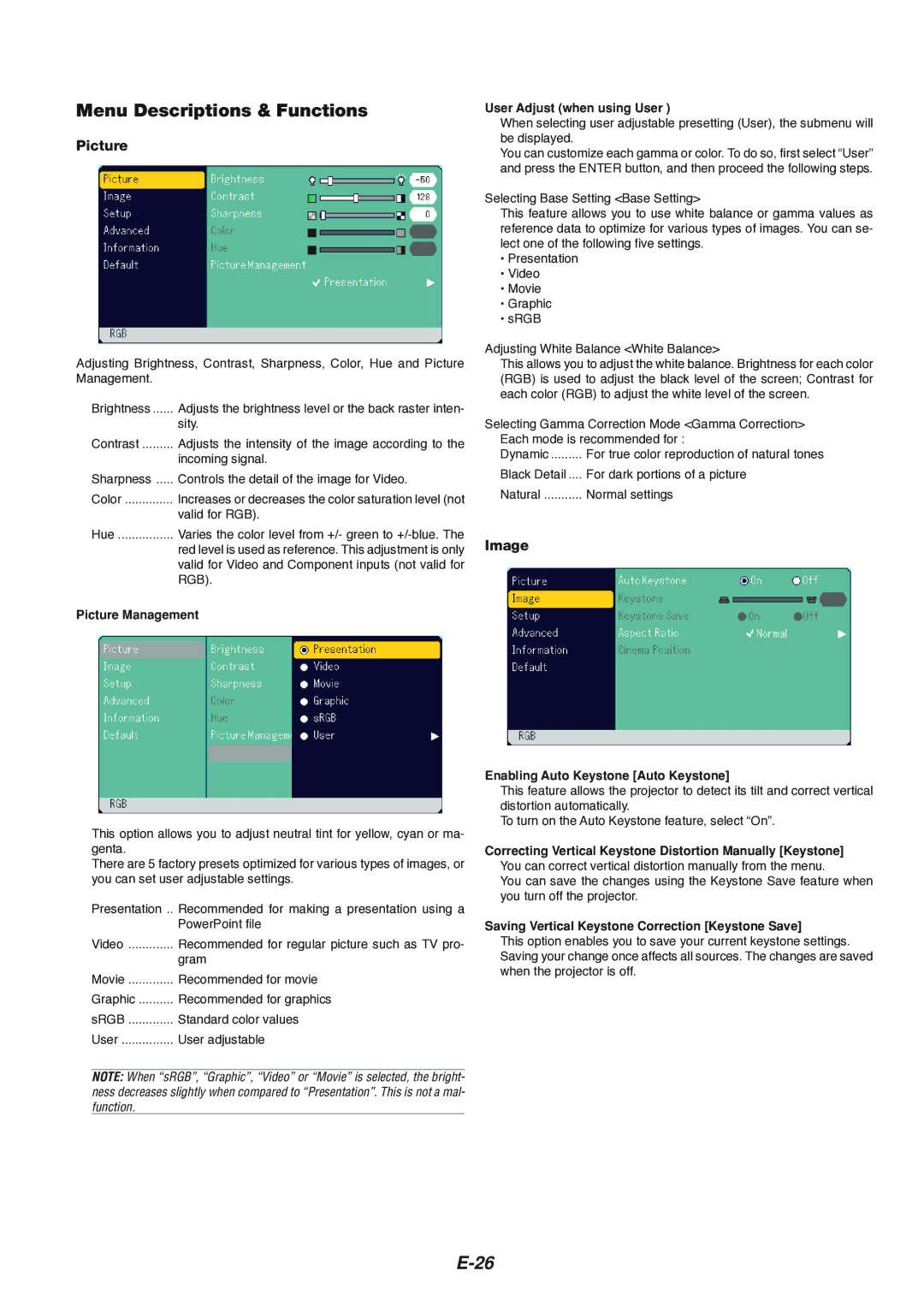 NEC VT460K, VT660K, VT560 manual Menu Descriptions & Functions, Picture, Image 