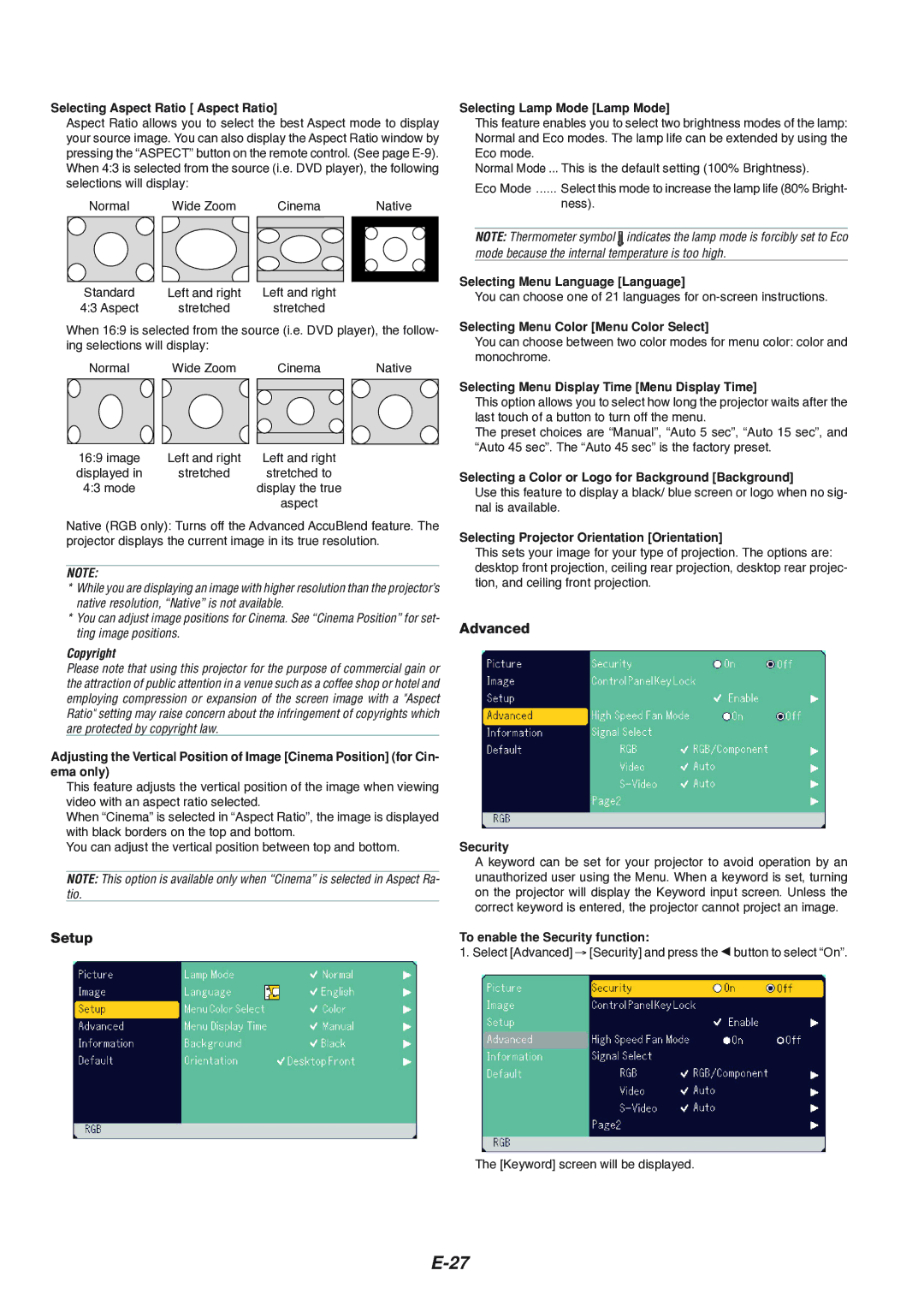 NEC VT660K, VT560, VT460K manual Setup, Advanced 