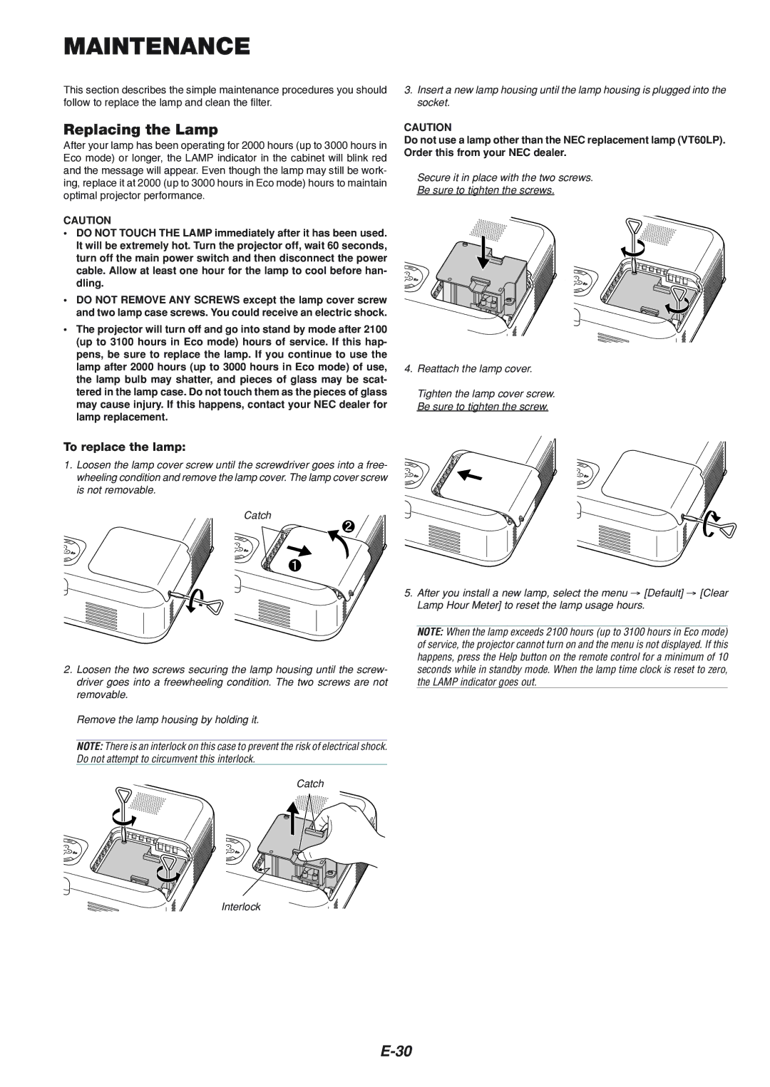 NEC VT660K, VT560, VT460K manual Maintenance, Replacing the Lamp, To replace the lamp 