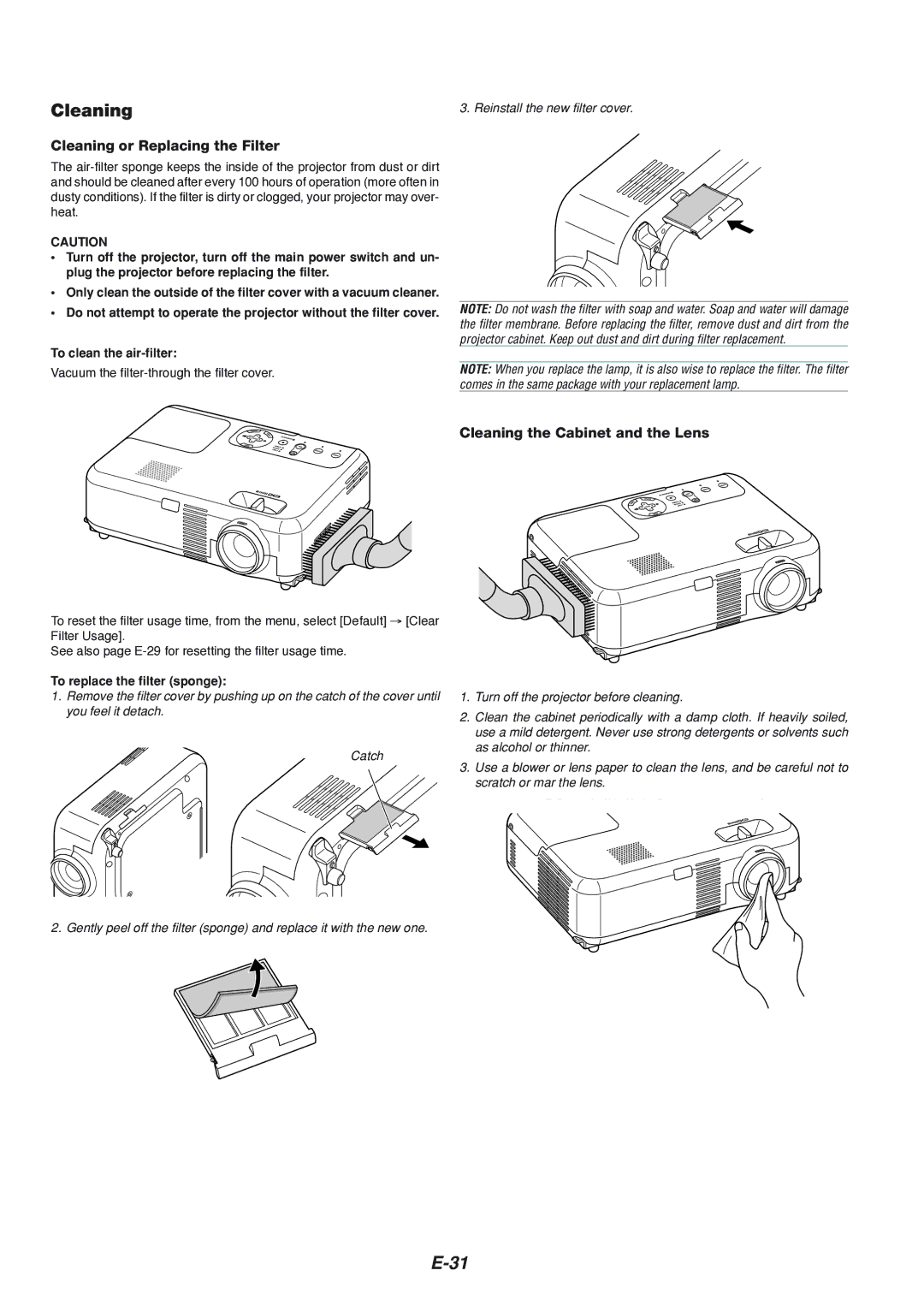 NEC VT560, VT660K Cleaning or Replacing the Filter, Cleaning the Cabinet and the Lens, To replace the filter sponge 