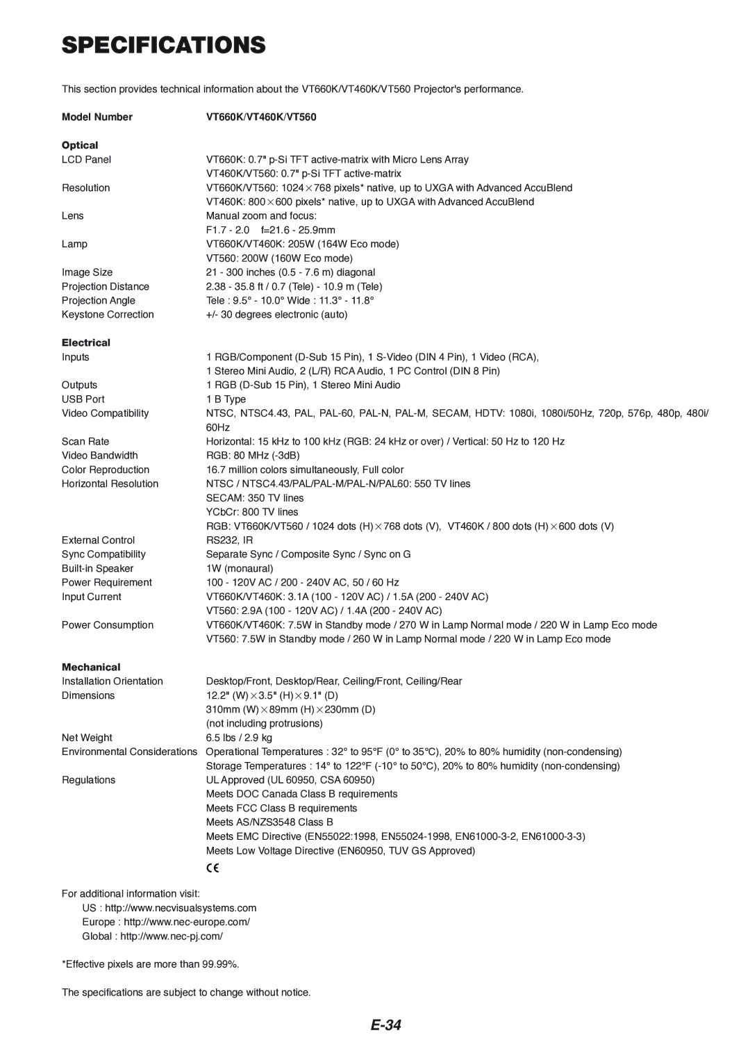 NEC manual Specifications, Model Number VT660K/VT460K/VT560 Optical 