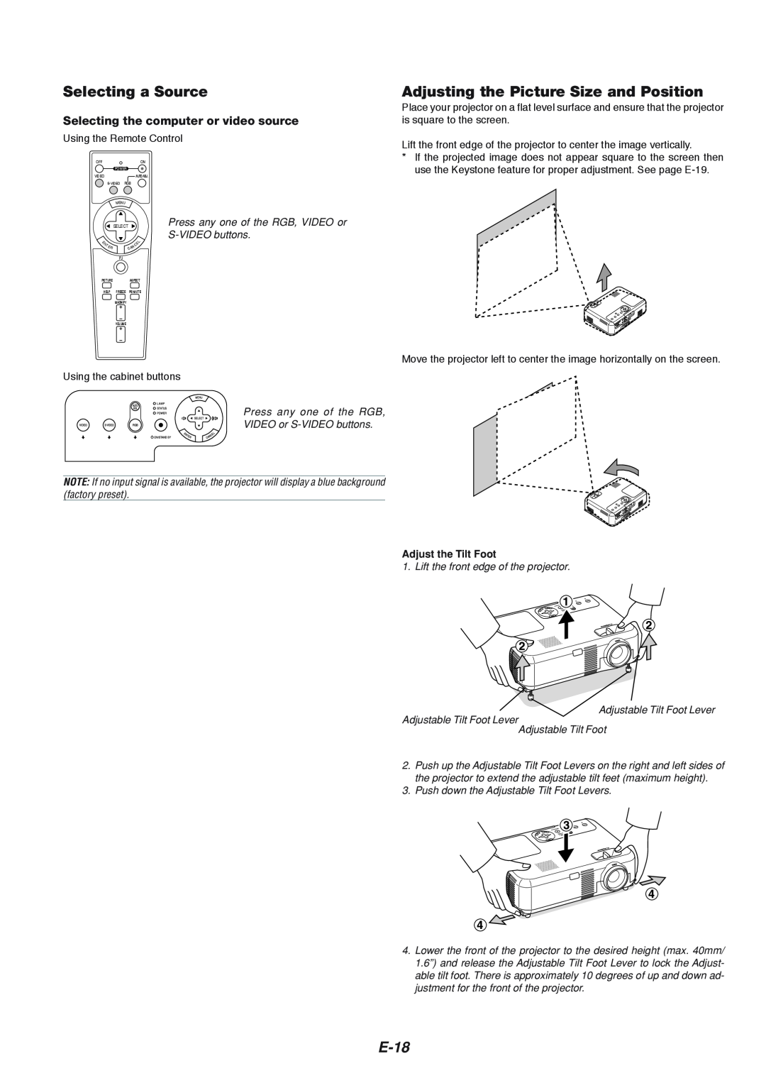 NEC VT660K manual Selecting a Source, Adjusting the Picture Size and Position, E-18, Selecting the computer or video source 
